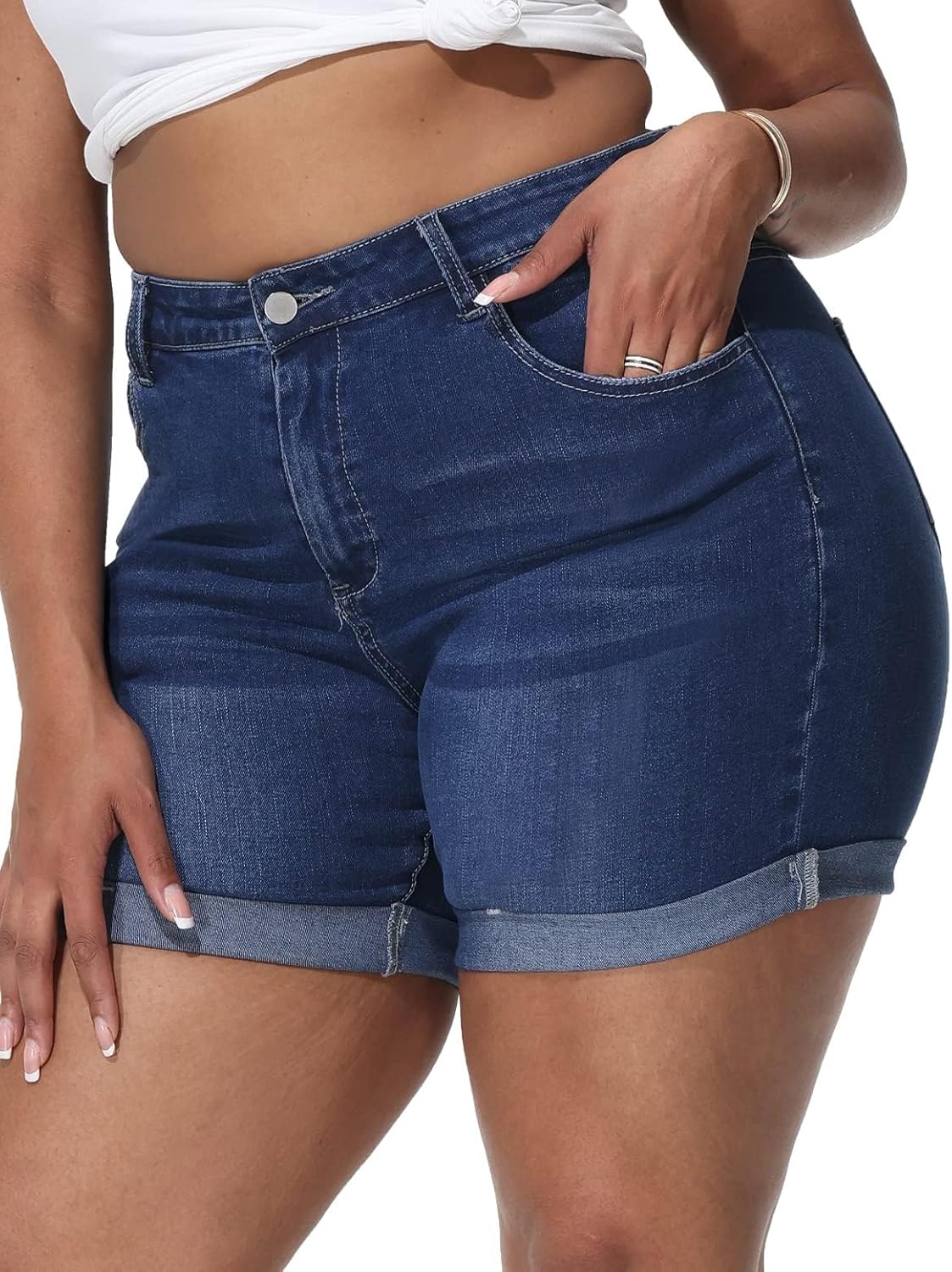 Womens Plus Size Jean Shorts Stretchy High Waisted Distressed Fold Hem Denim Shorts - Image 2