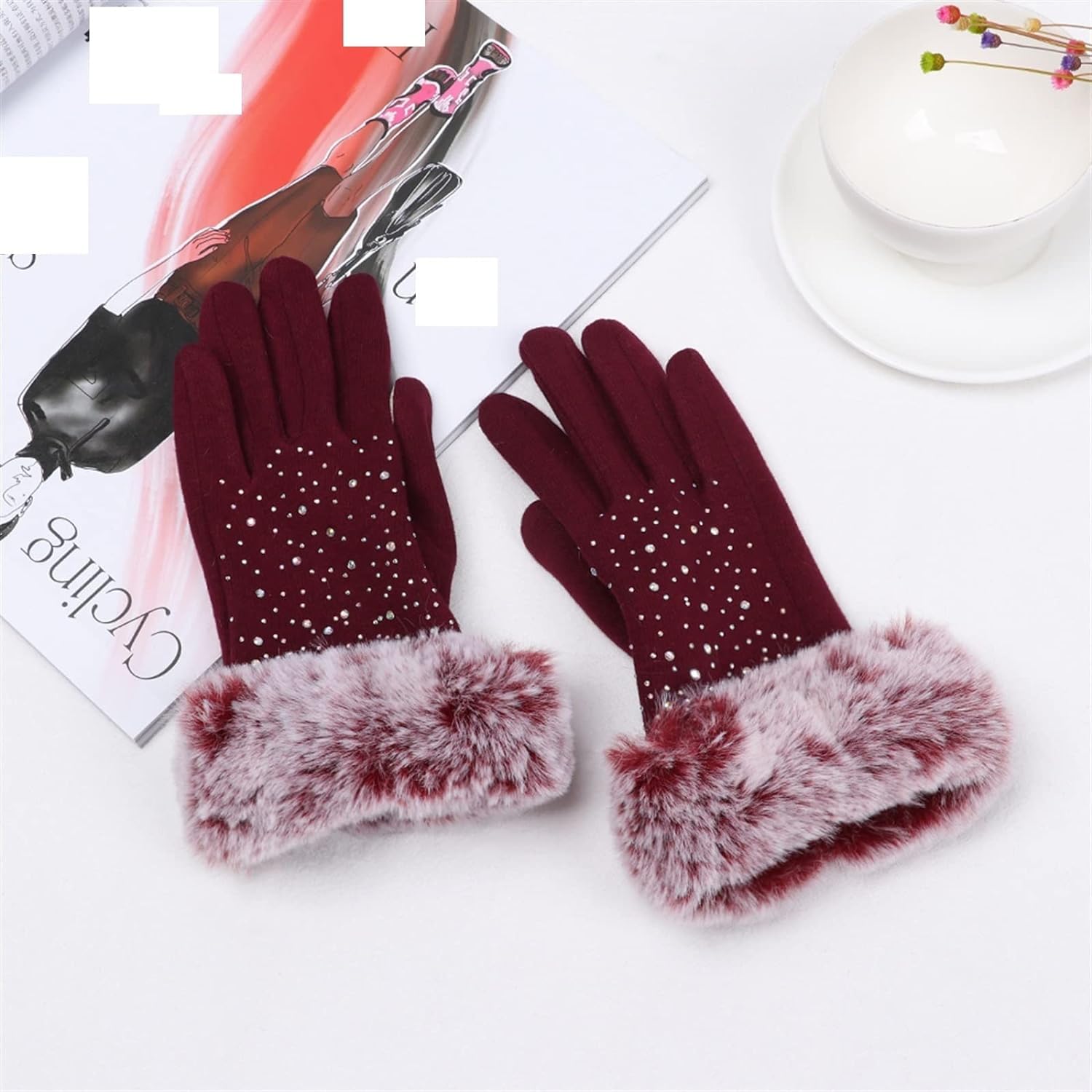 Tomorrow Women's Winter Gloves Soft Warm Touch Screen Gloves for Cold Weather Windproof Covered Finger Faux Fur on The Inner for Cold Weather Women Cute Design Plush Fur Cuff Stone Crafted (Maroon) 3