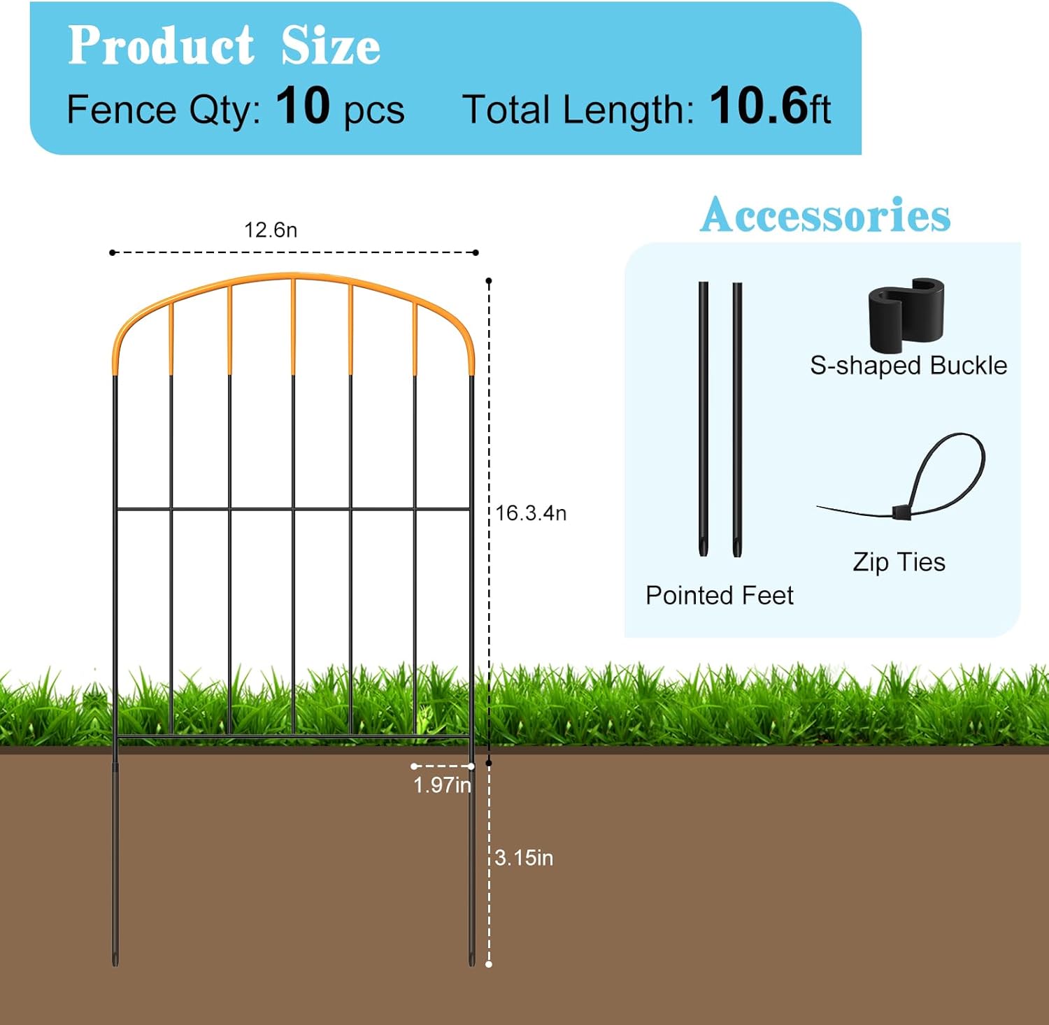 Decorative Garden Fence 10 Panels（16.34 in.H x 12.6 in.W x 10.6 feet） Small Border Panel Fencing for Yard,Arched Top Orange Flower Bed Edging,Rustproof Metal No Dig Fence,Animal Barrier for Dog
