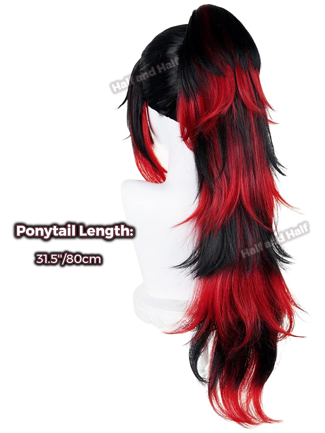 Yoriichi Tsugikuni Wig for Kokushibo Cosplay 31.5'' Red and Black Demon Anime Ponytail Wigs for Warrior & Ghost Women Men Unisex Halloween Party Costumes