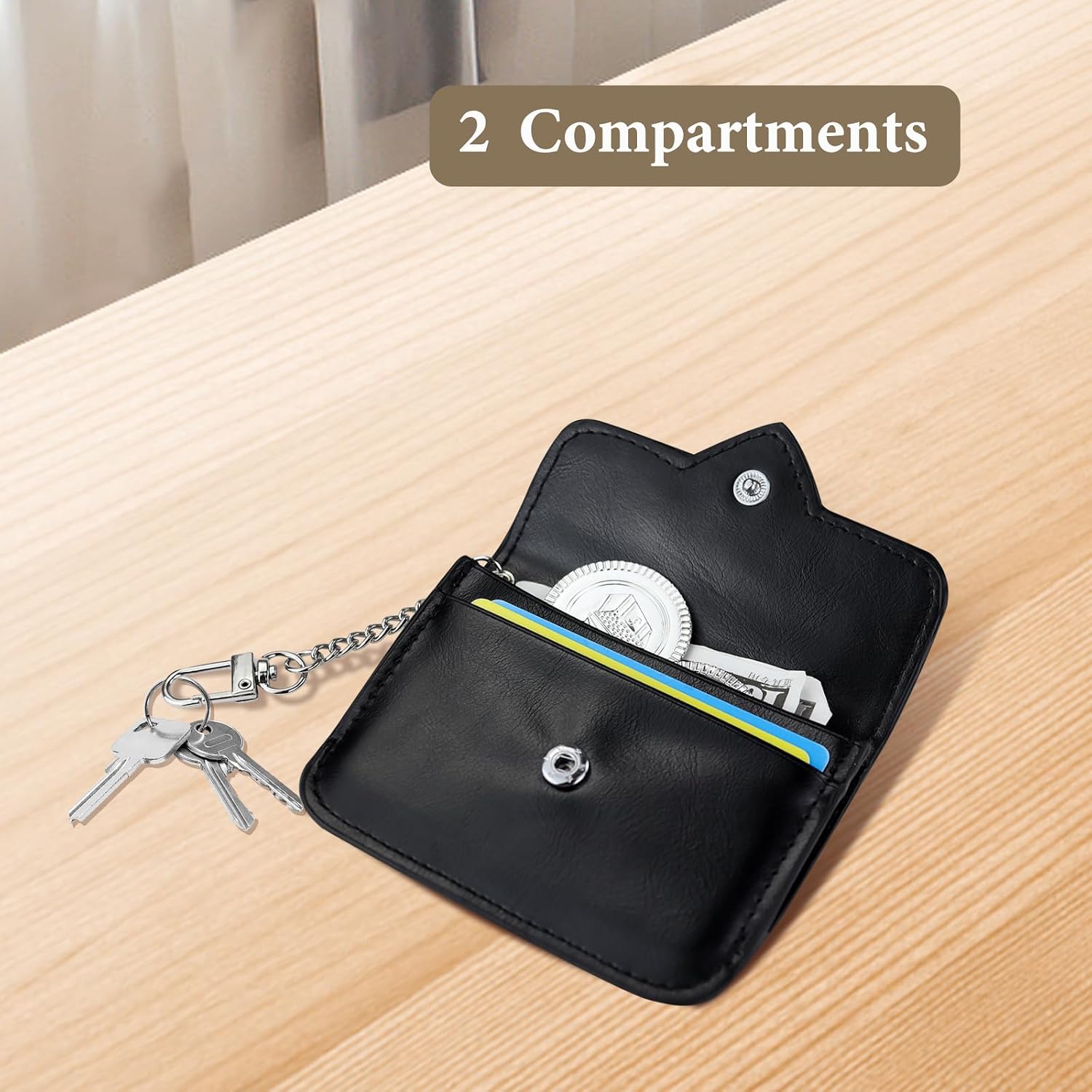 Credit Card Wallet, PU Leather Slim Credit Card Holder for Women with Key Chain, Fashion Heart-shaped Small Card Holder Wallet Coin Change Purse for Shopping, and Daily Travel (Black)