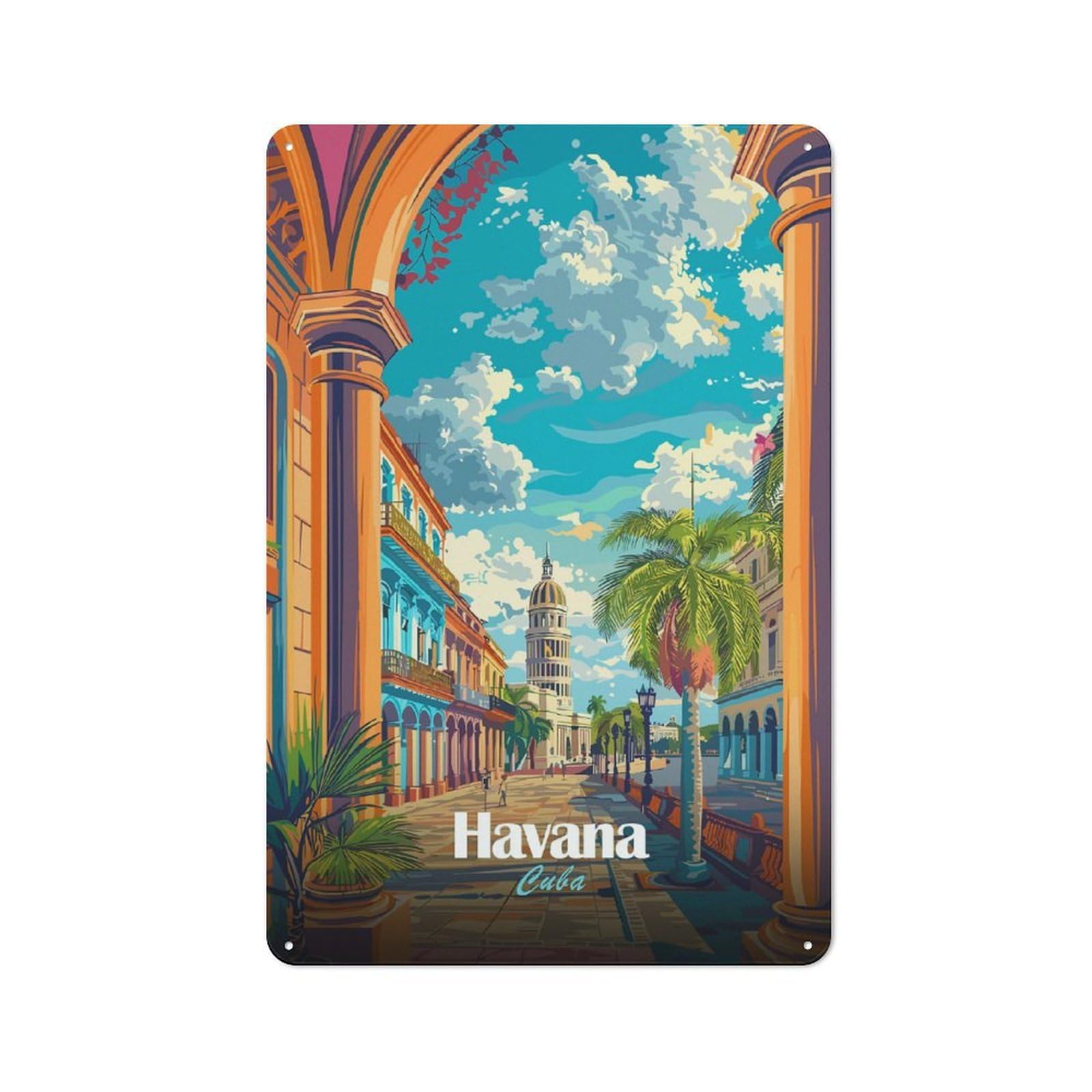Junmoney Style-14 Metal Wall Sign 30X20cm Featuring Colorful Havana Cuba Cityscape Illustration For Café Or Home Bar, For Collectors Decorating Cafés And Home Bars
