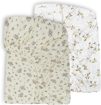 Ultra Soft Muslin Crib Sheets for Baby, Premium Breathable Organic Cotton Crib Fitted Sheet for 52x28Standard Crib and Toddler Mattress.2 Pack Flower Pattern