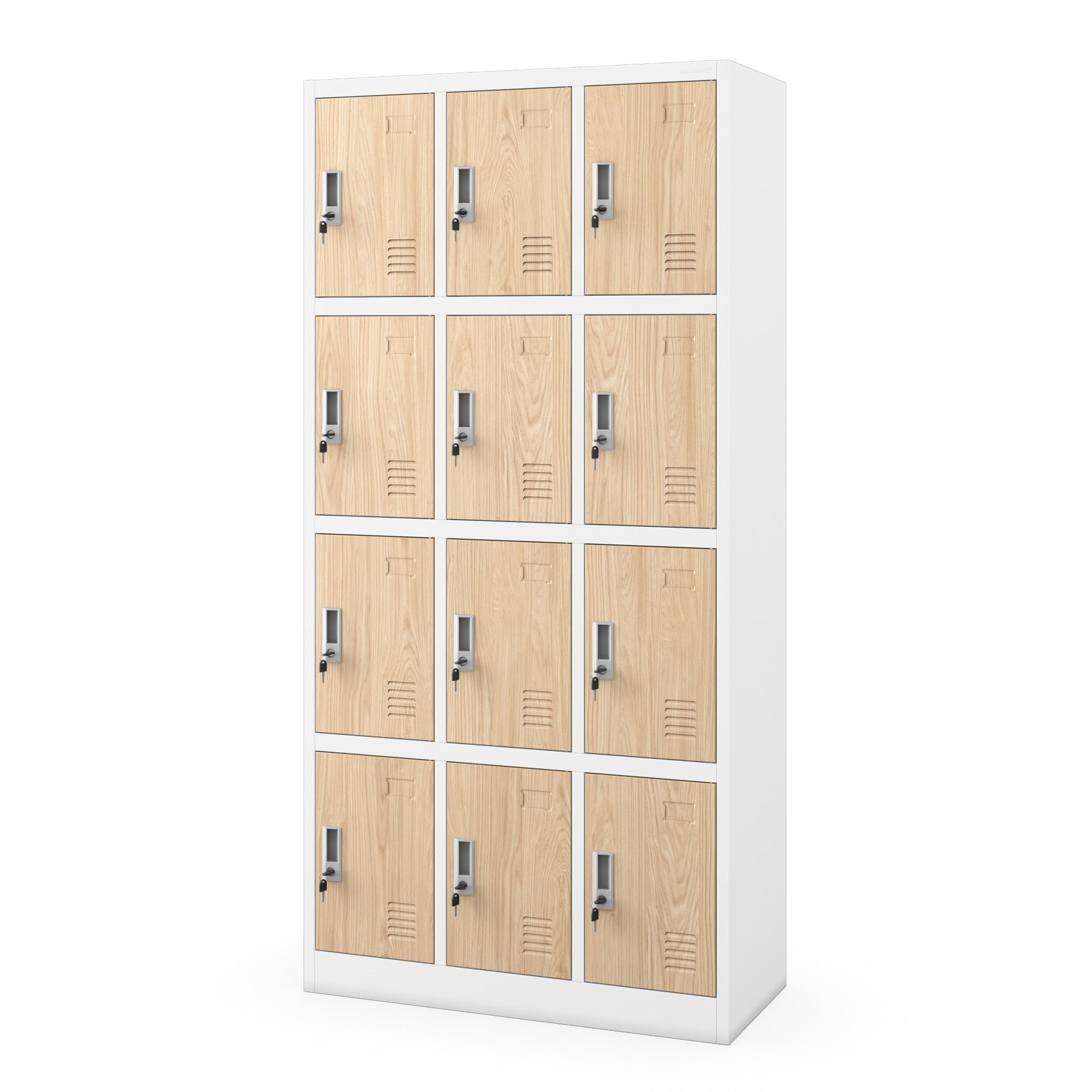 Wertfachschrank 3B4A Fächerschrank Schließfachschrank 12 Fächer Metallspind Stahlblech Pulverbeschichtung 185x90x40 cm Weiß-Holz