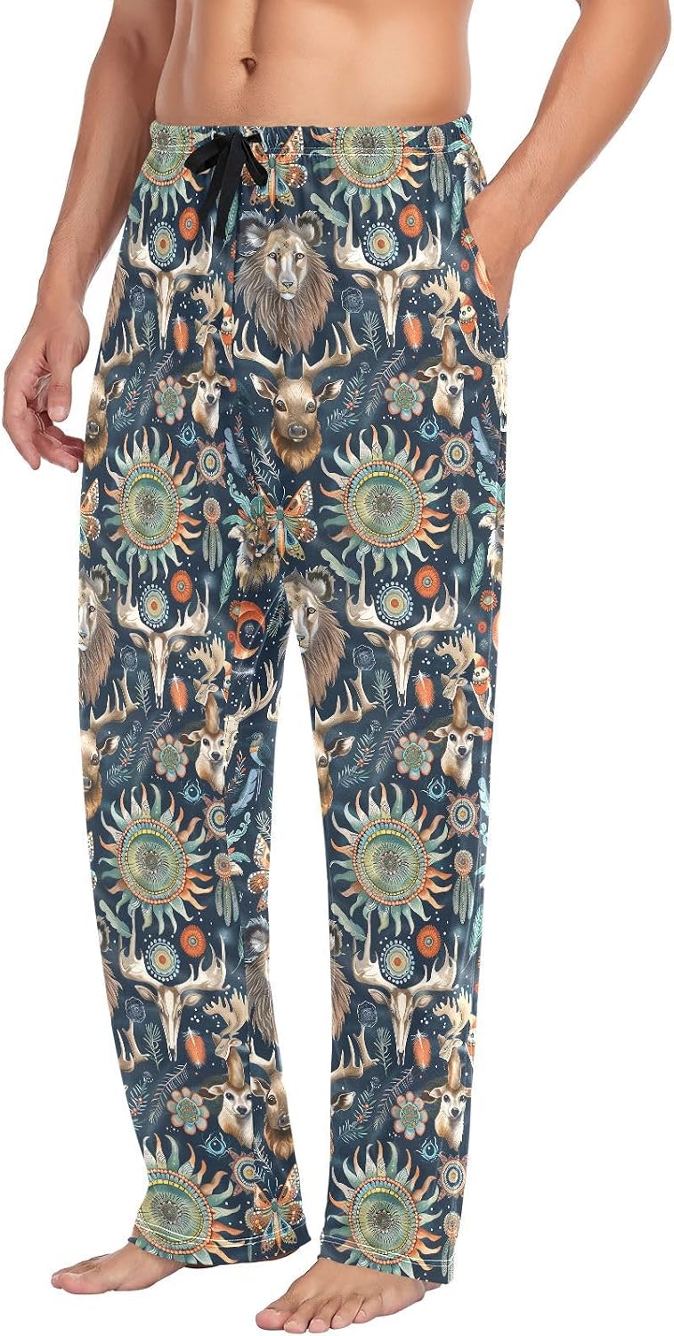 ALAZA Elk Lion Boho Bohemian Men's Pajama Pants Men Cotton Pajama Bottoms with Pockets, S