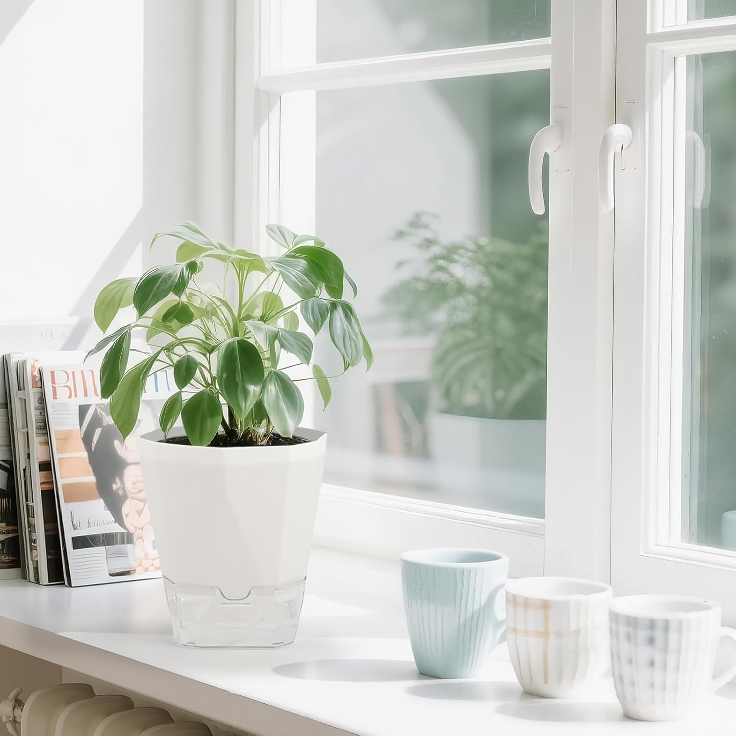 6-Pack Self Watering Planter Pots, 5 Inch Plastic Planters with Drainage Holes, Cotton Rope and Trays, Decorative Flower Pots for Indoor Outdoor Garden Plants (White) - Image 6