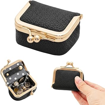 Genuine Leather Mini Jewelry Box Portable Vintage-Inspired Leather Small Coin Purse Jewelry Organizer Case Mini Travel Ring Box with Kiss Lock for Women Earring Ring Necklace