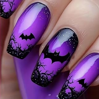 Halloween Press on Nails Medium Fake Nails with Bat Designs Black Purple Glossy False Nails Coffin Nails Full Cover Stick on Nail Gel Glue on Fingernails for Women Acrylic Nail Kit 24Pcs