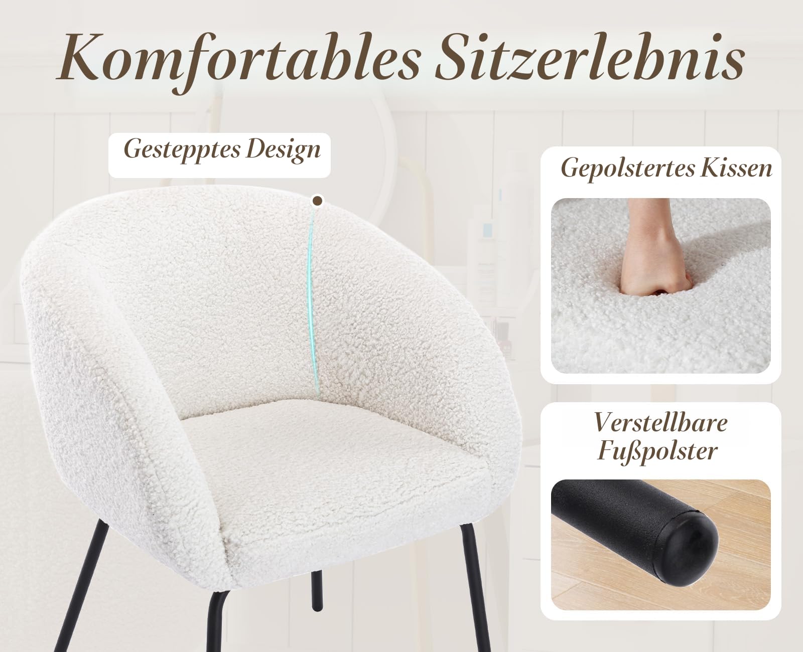 chairus Schminktisch Stuhl aus Kunstfell Loungesessel Schlafzimmer, Moderne Cocktailsessel mit Metallbeine Polsterstuhl für Wohnzimmer, Weiß