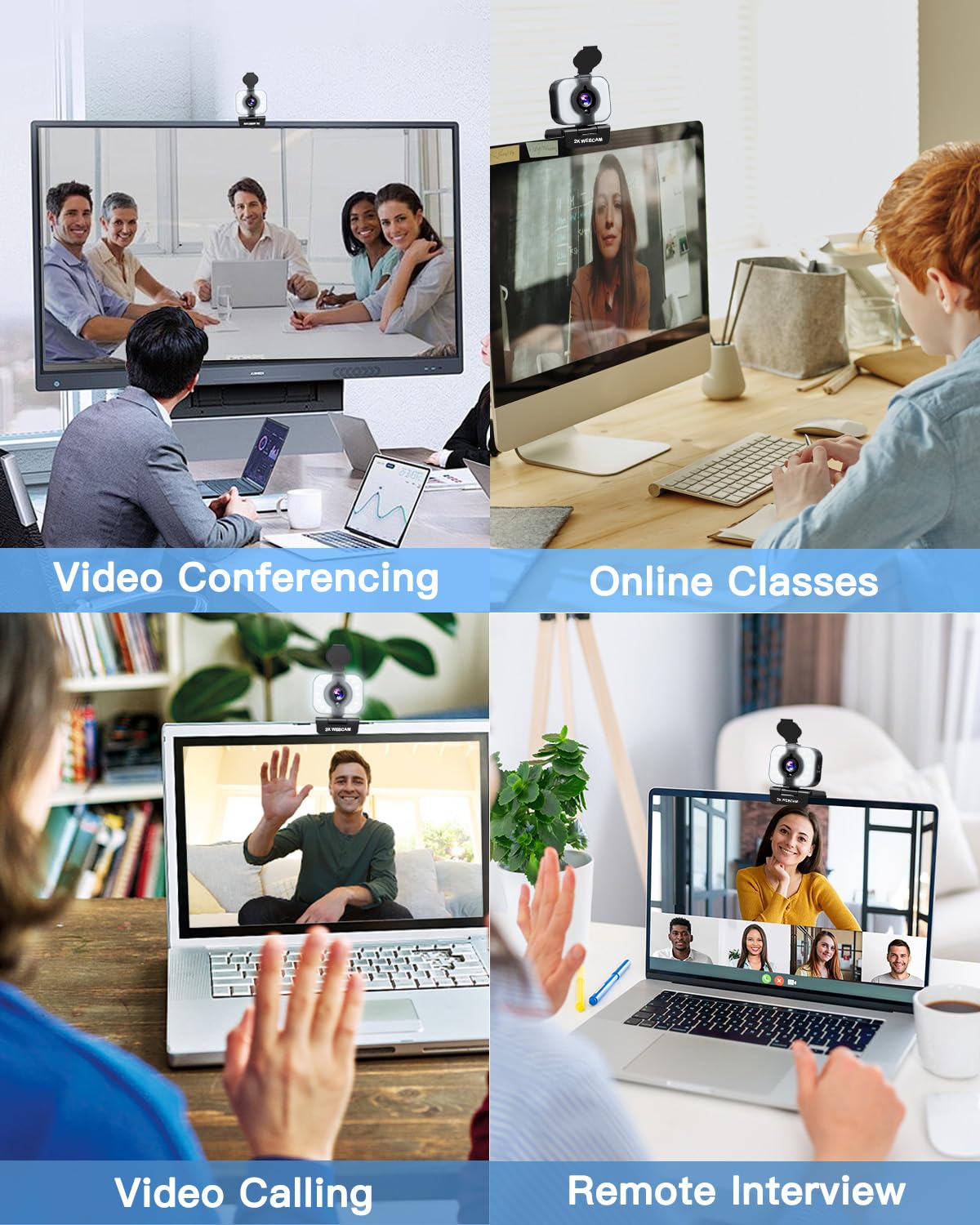 MELCAM Webcam 2K per PC, webcam con microfono, luce, copertura privacy, messa a fuoco automatica Plug and Play, fotocamera USB per computer portatile, desktop, PC, Mac, Zoom, Skype, riunioni