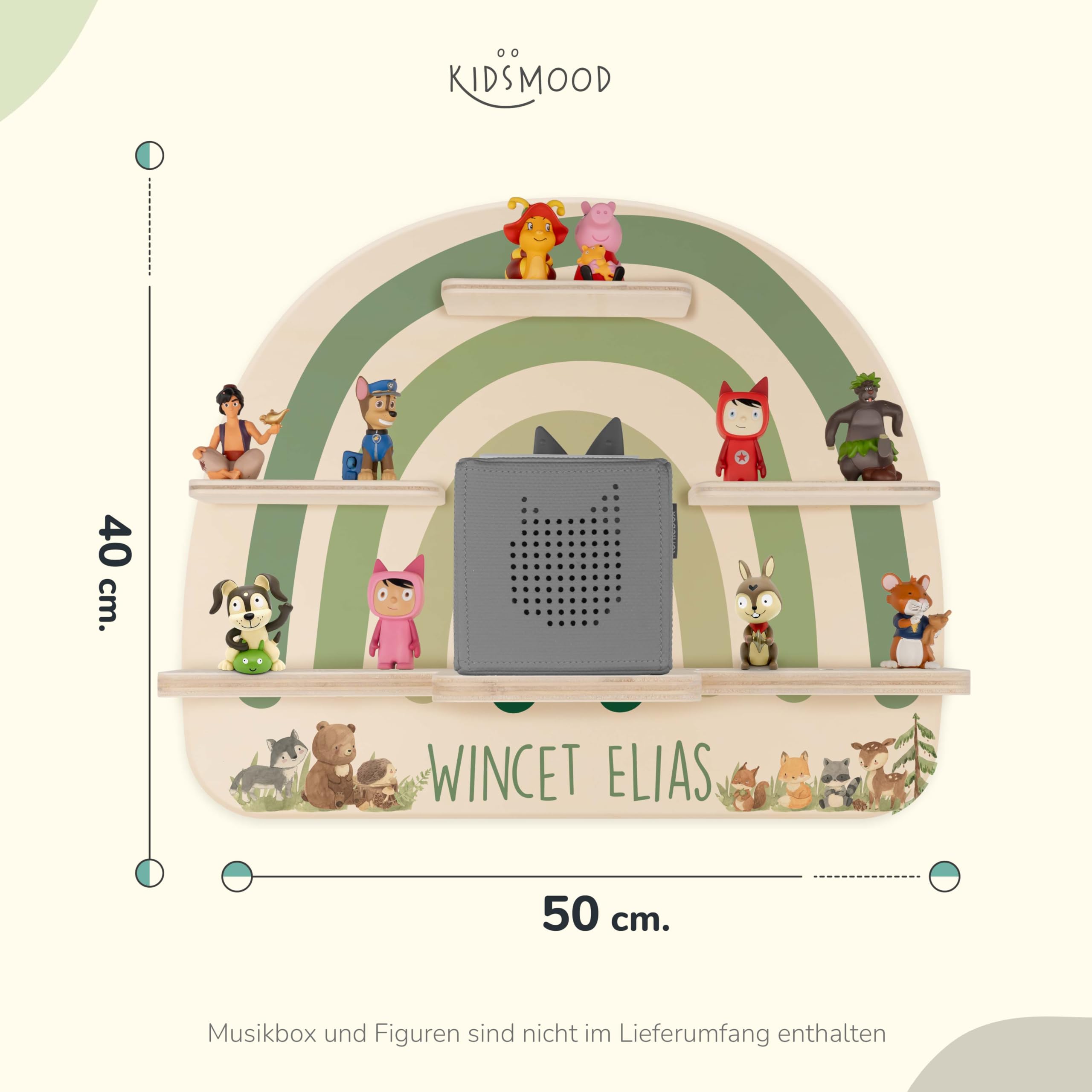 Kidsmood - Tonie Regal personalisiert mit Namen | Kinderzimmer Wandregal inkl. Metallplättchen für Tonie Figuren & Aussparung für Musikbox | Tonieregal für Mädchen & Jungen