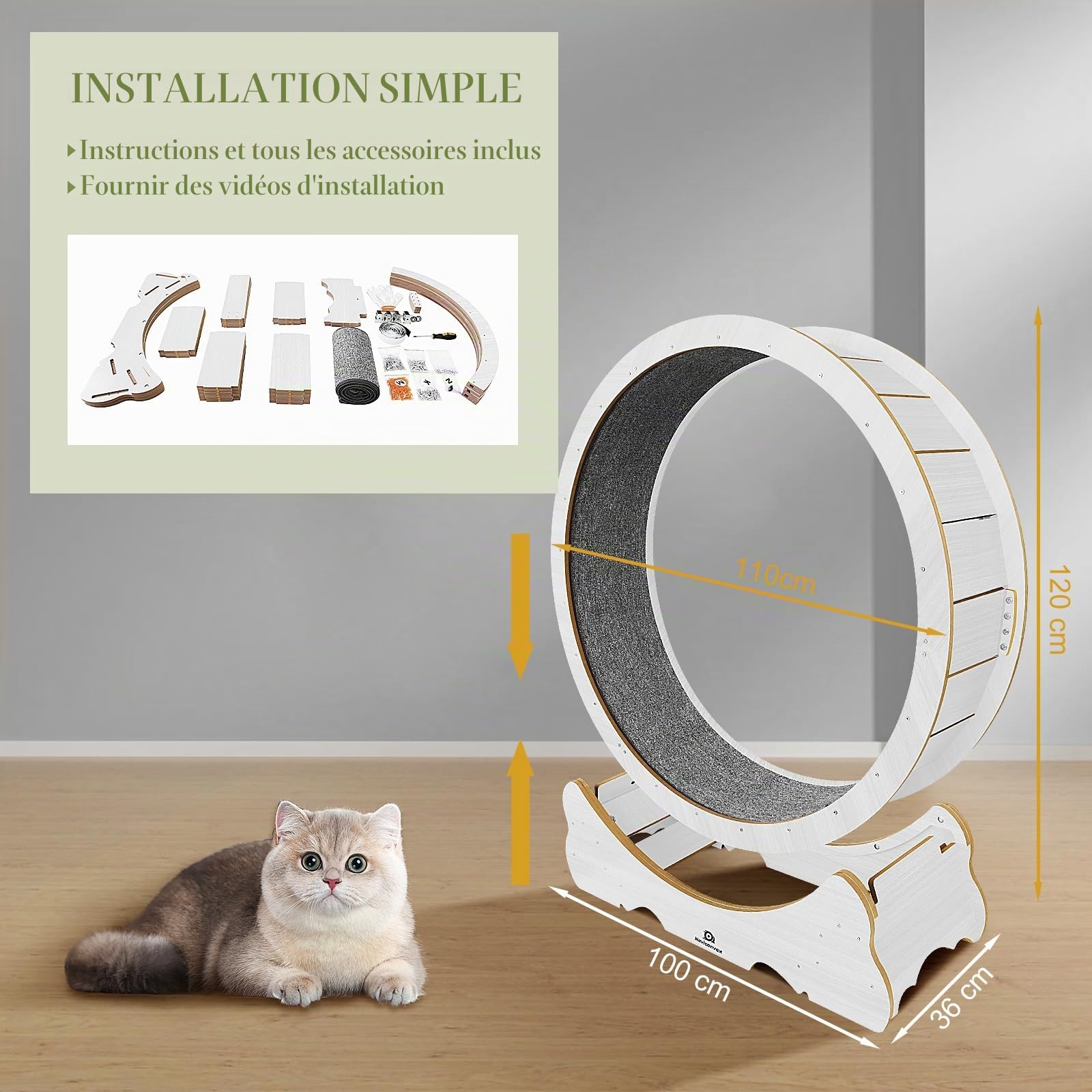 Roue pour Chat XL Noire 113 cm Silencieuse Solide Exercice Divertissement Intérieur Grands Chats Actifs