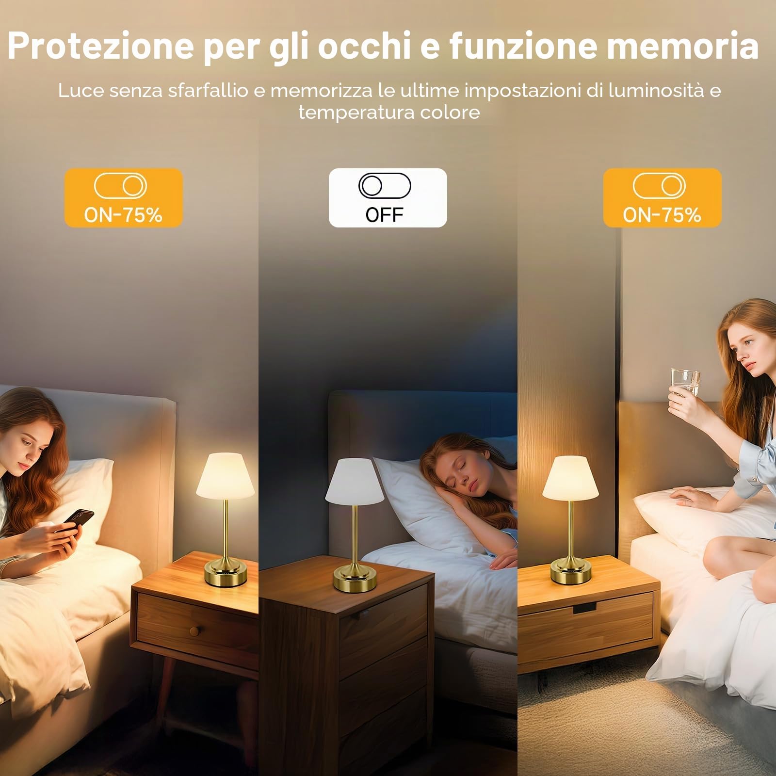 OUTON 2 Pezzi Lampada da Tavolo Ricaricabile e Senza Fili, Oro | Controllo Touch, Ricaricabili, Dimmerabili, USB-C, 3 Temperature, Impermeabile IP54, 53h Autonomia, Camera e Esterno