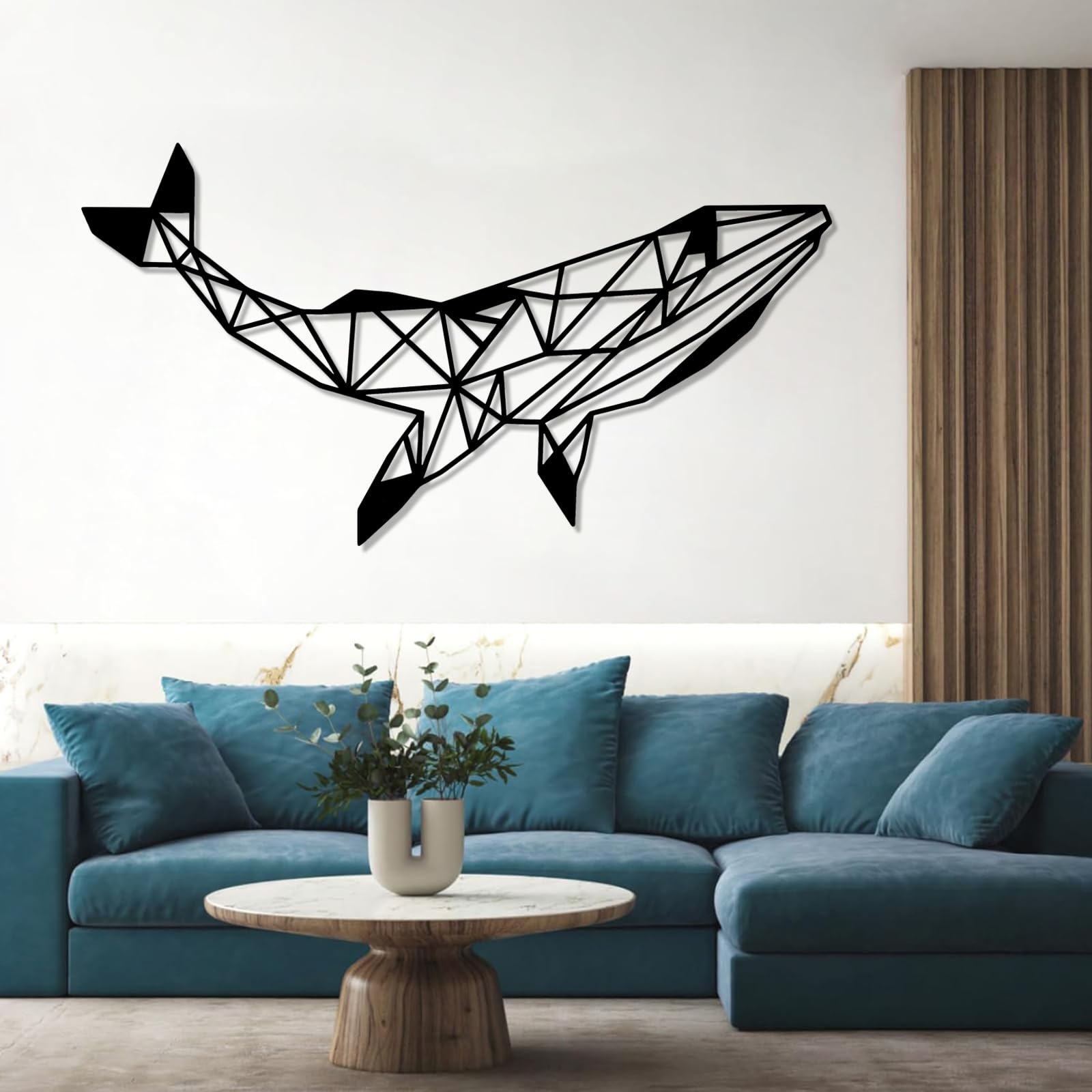 Współczesna abstrakcyjna metalowa dekoracja ścienna dekoracja wieloryba, duży design, geometryczna łazienka morska prezent dla miłośników morza (41 x 76 cm, srebrna)