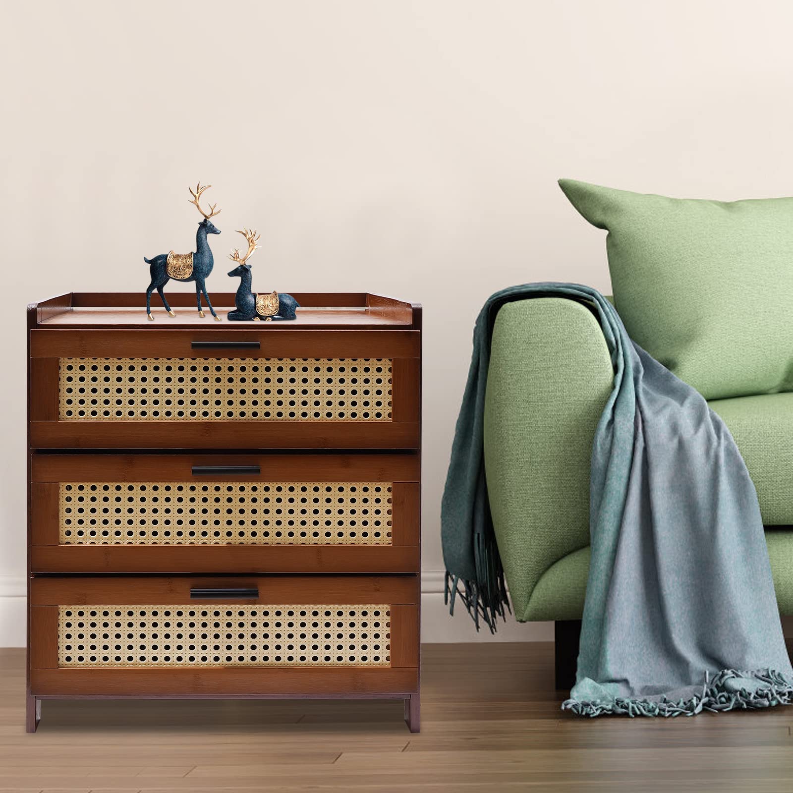 choayun Mid-Century Bedside Table Cabinet, Retro Country Bamboo Nightstand with 3 Mesh Drawer, Modern Side Table with Fender & Handle, Side End Table