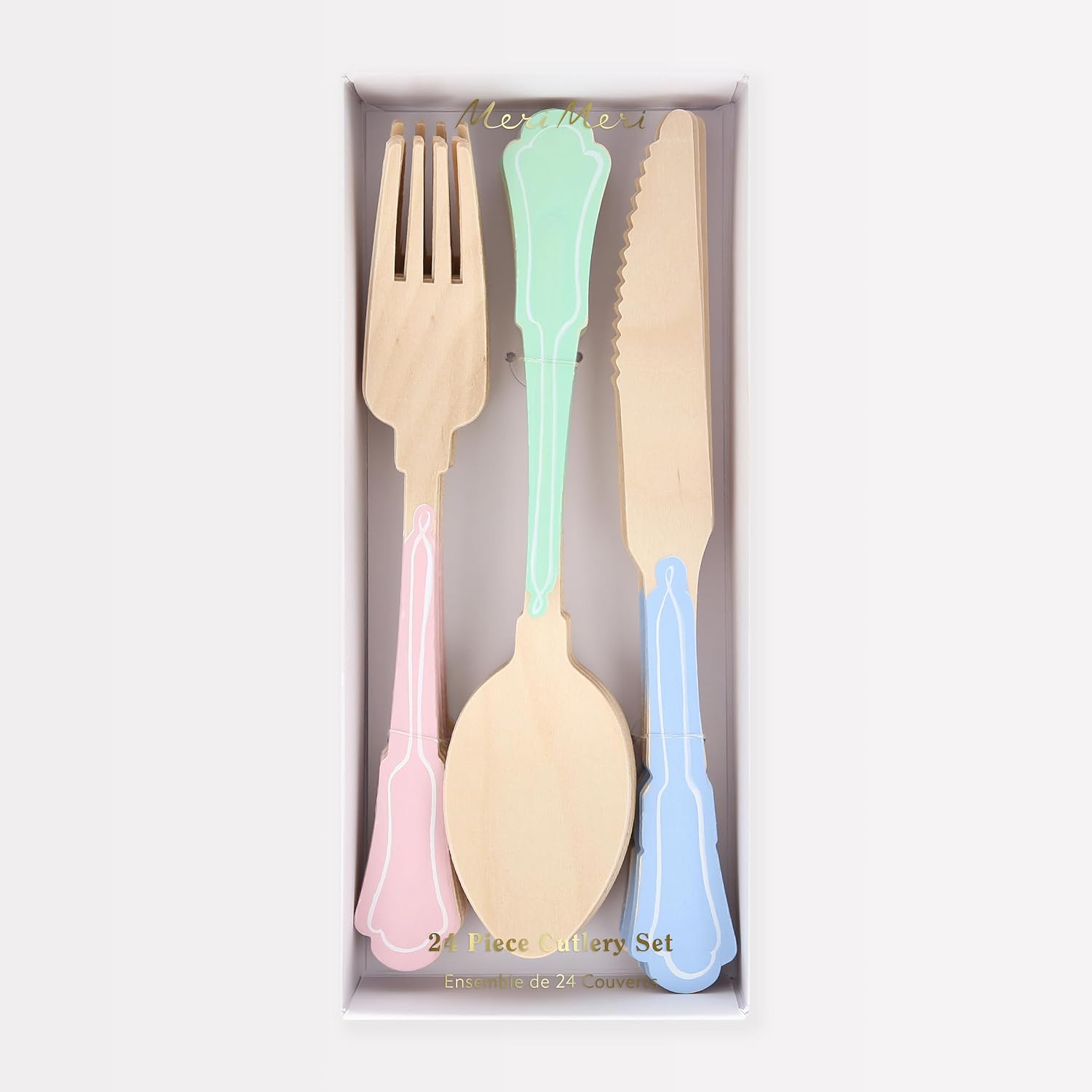 Meri Meri Elegant Wooden Cutlery Set (Pack of 24), Made from Birch Wood, Stylish Disposable Cutlery Set, Perfect for Birthday Parties, Picnics, & BBQS, Kids & Adults