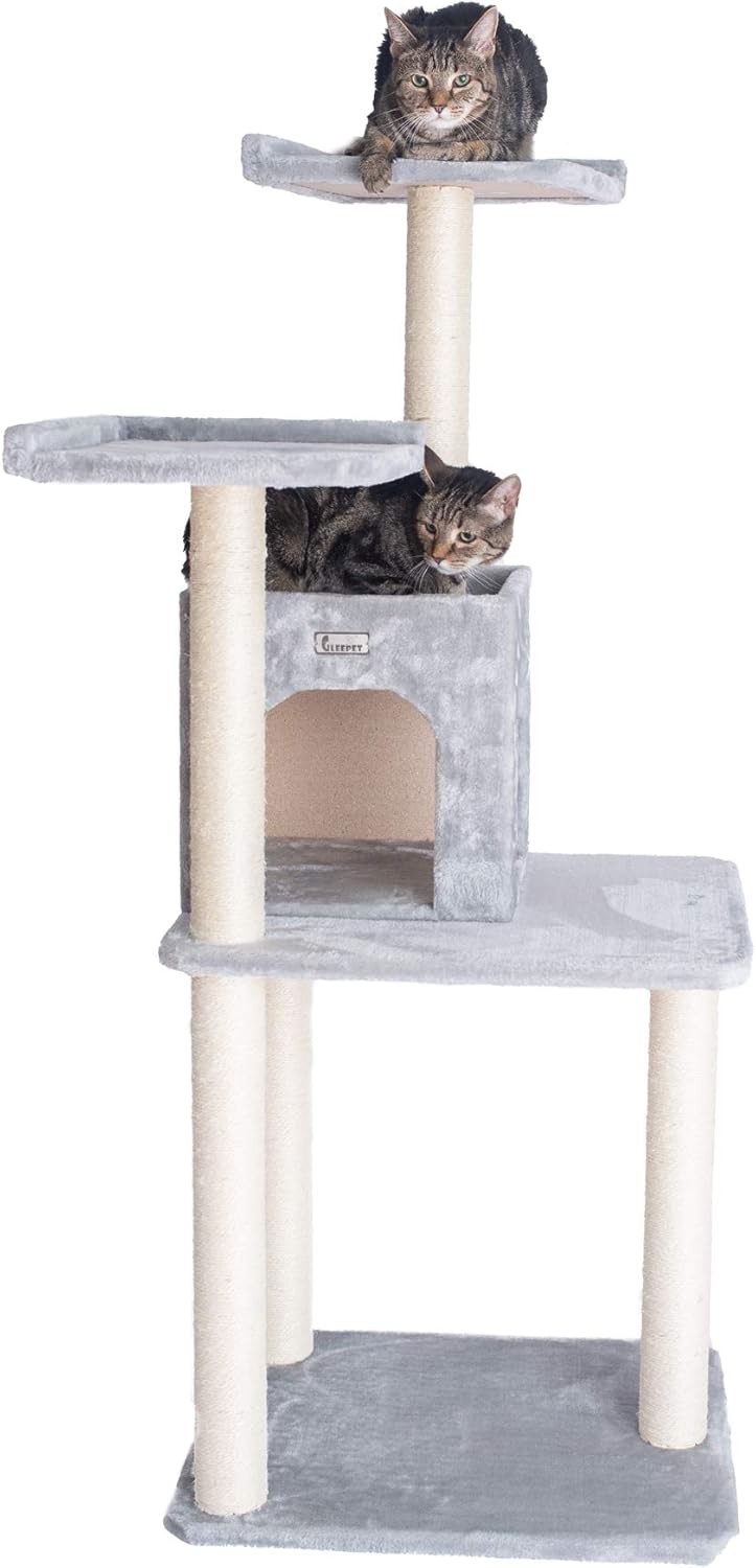GleePet GP78571022 Cat Tree, Real Wood Play House, Silver Gray,14 D x 27 6 W x 57 H