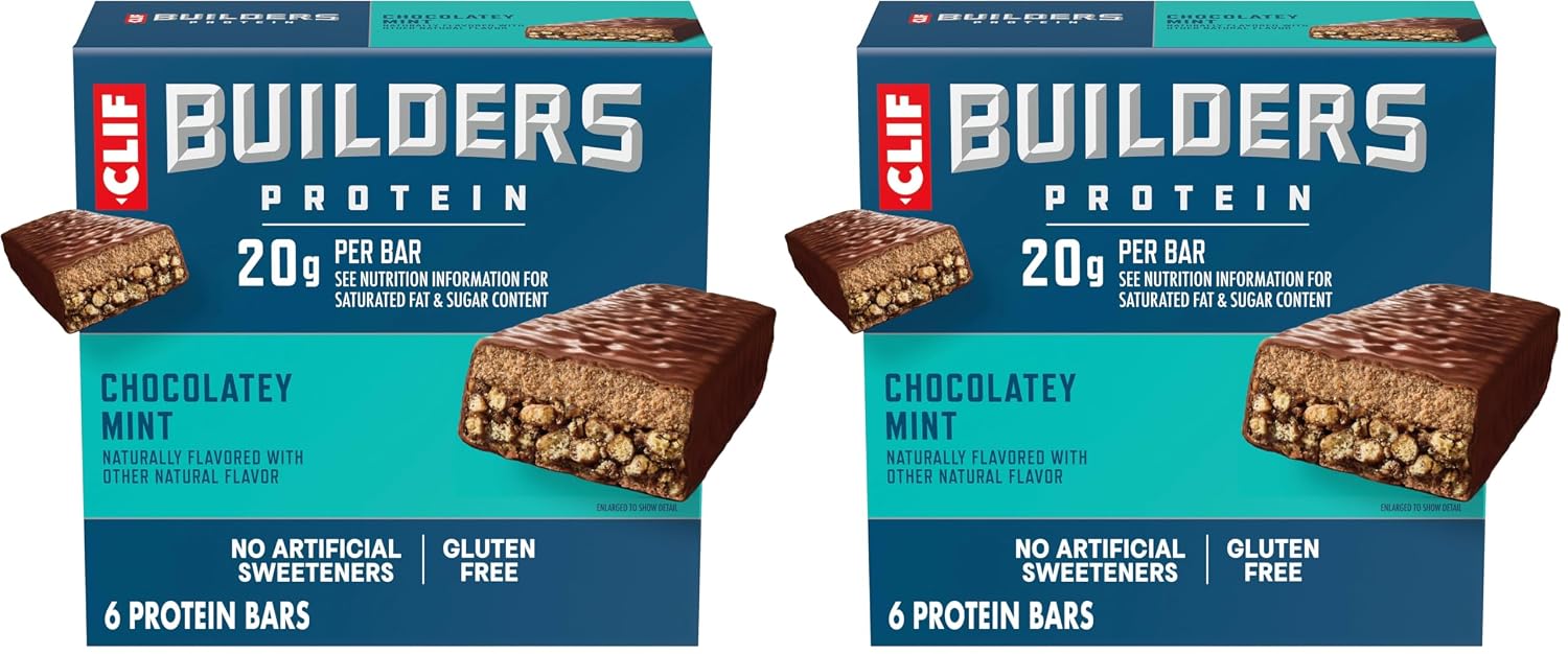 CLIF BUILDERS Protein Bars - Chocolate Mint Flavor - 20g Plant Based Protein - Gluten Free - Non-GMO - Low Glycemic - No Artificial Sweeteners - 2.4 oz. (12 Pack)