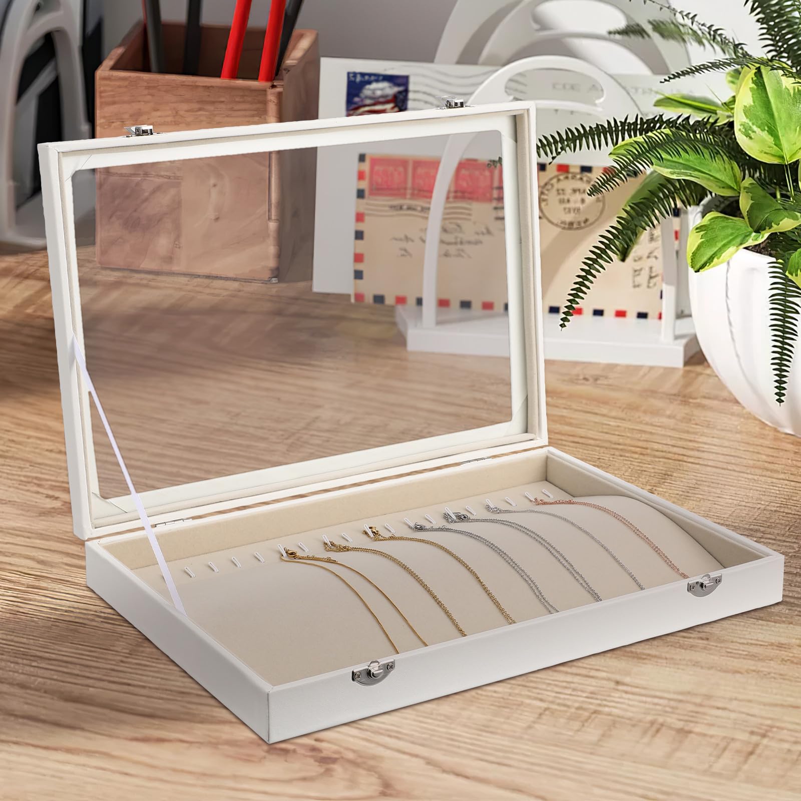 Abaodam Bandeja para Collares de Madera Tapa Transparente, Organizador de Joyas para Mujer, Caja Expositor Compacta para Cadenas y Almacenamiento Seguro