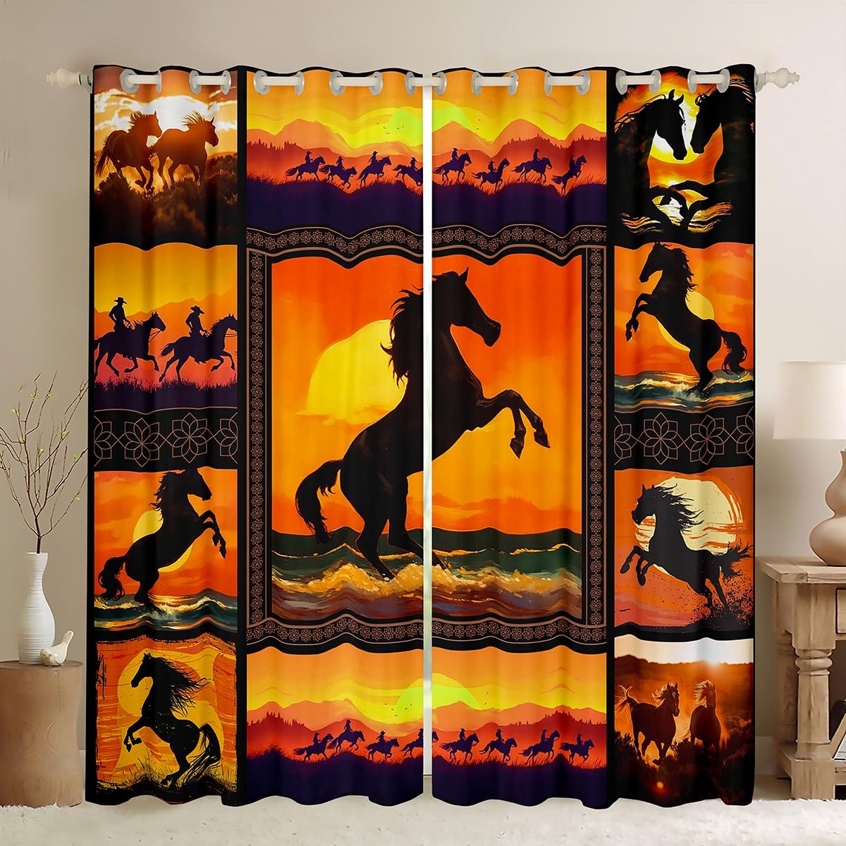 Homemissing Galloping Horse Curtains (2 Panels,W46*L72) For Bedroom Kids Boys Teens Horse Window Curtains Sun Beach Theme Blackout Curtains Animal Room Decor Window Treatments
