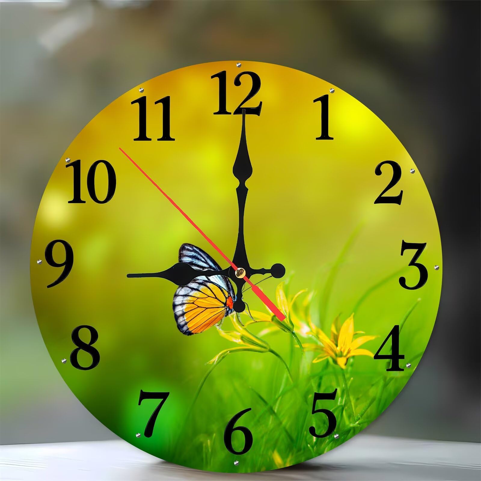 Horloge murale moderne en bois de 35 cm avec motif floral jaune