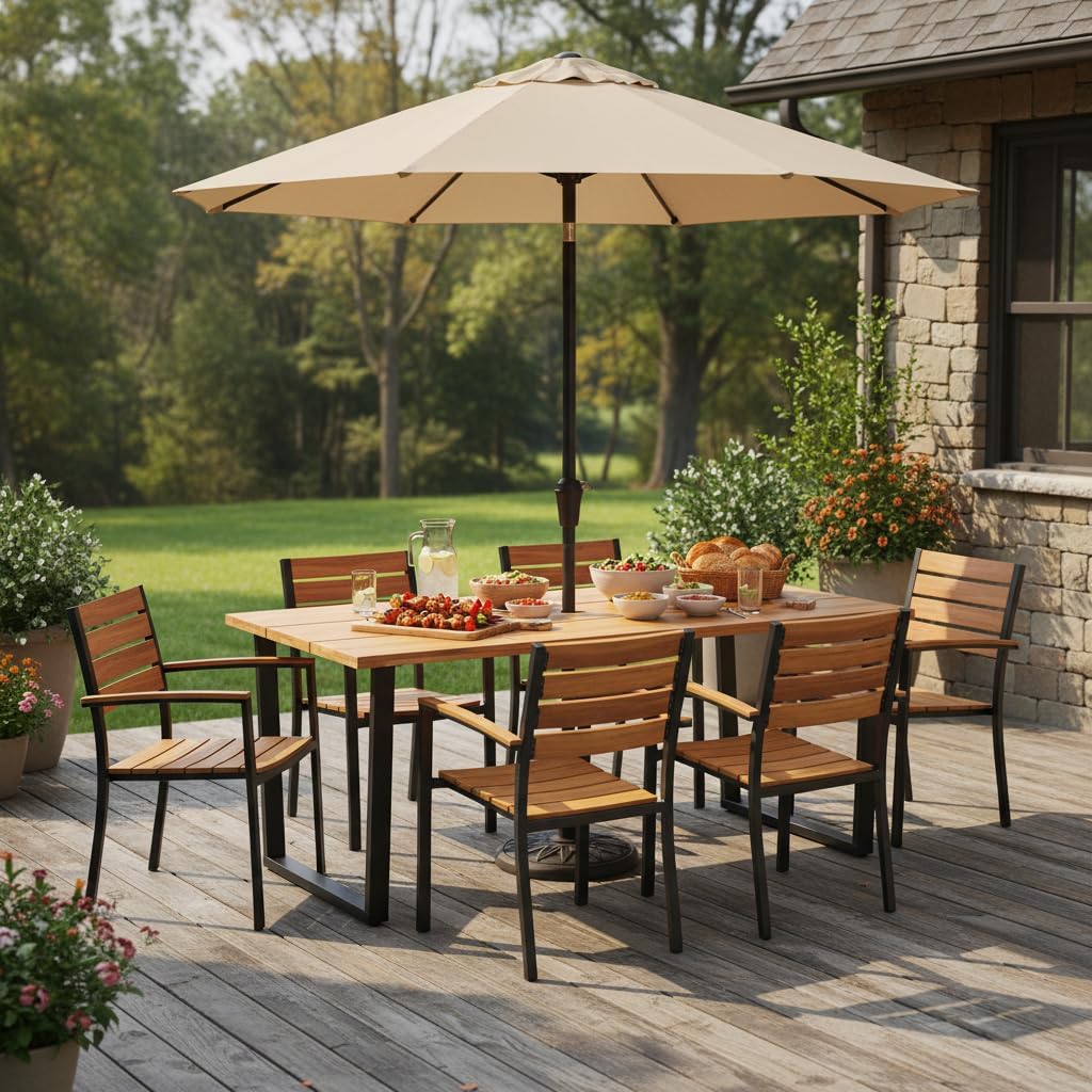 Tangkula 69-Inch Acacia Wood Patio Dining Table for 6, Rectangle Outdoor Table with 2" Umbrella Hole & Metal Legs, 6-Person Indoor Outdoor Table for Dining Room, Backyard, Garden, Lawn, Yard