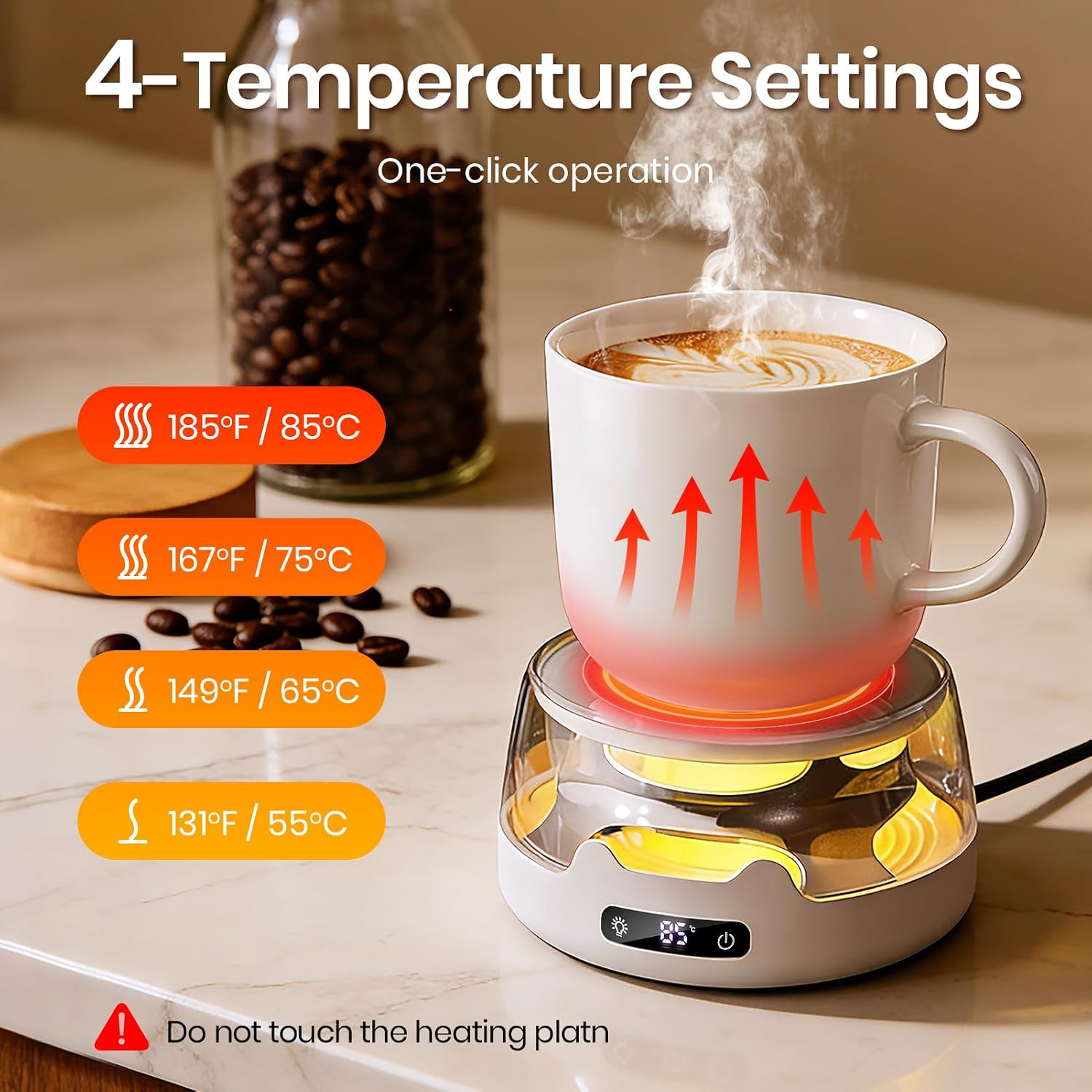 Smart Coffee Mug Warmer with Color Changing Lights, 4-Temperature Adjustable (55°C-85°C) Cup Warmer for Desk, Auto Shut-Off & Quiet Heating Pad for Coffee Tea Milk - Home Office Gift