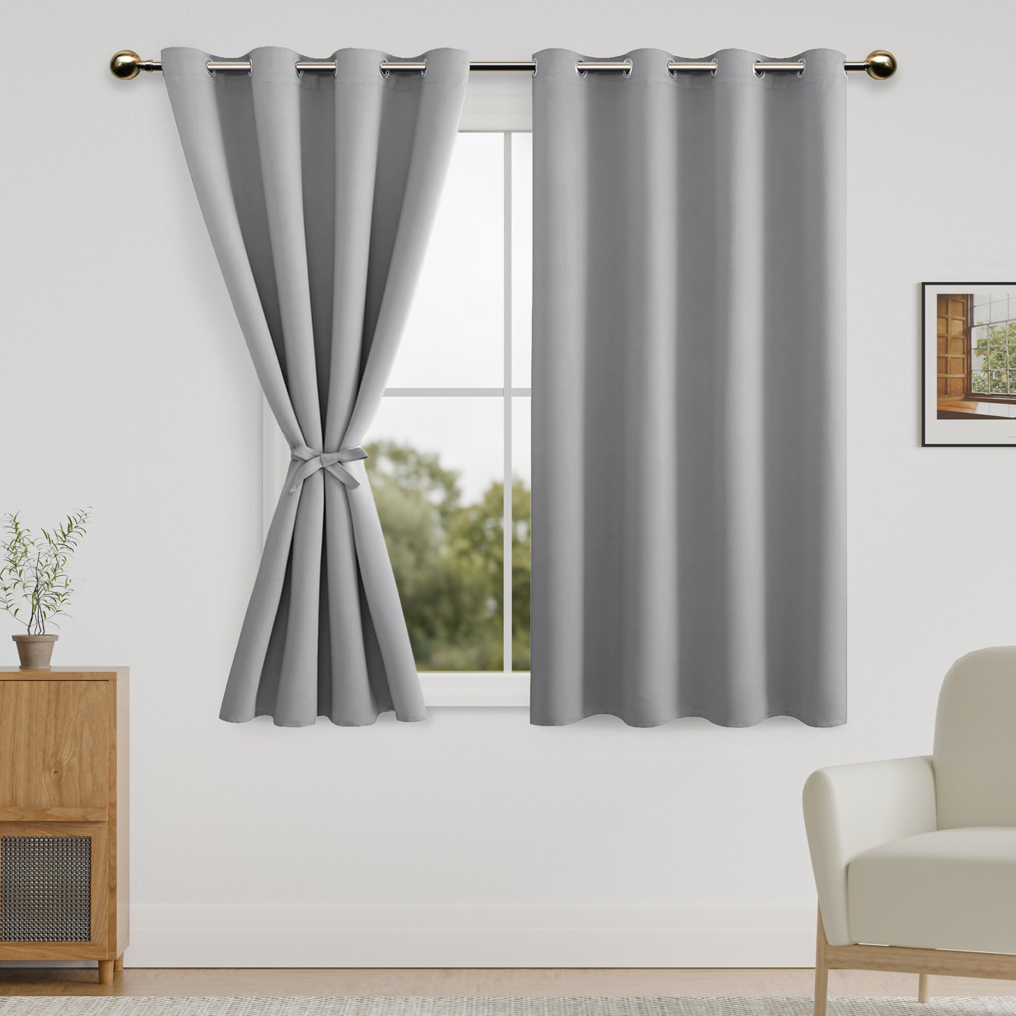 DWCN Blackout Curtains for Bedroom with Tiebacks - Room Darkening Privacy Grommet Top Window Curtains for Living Room, 52 x 54 inch Length, Silver Grey, Set of 2 Panels — image 1