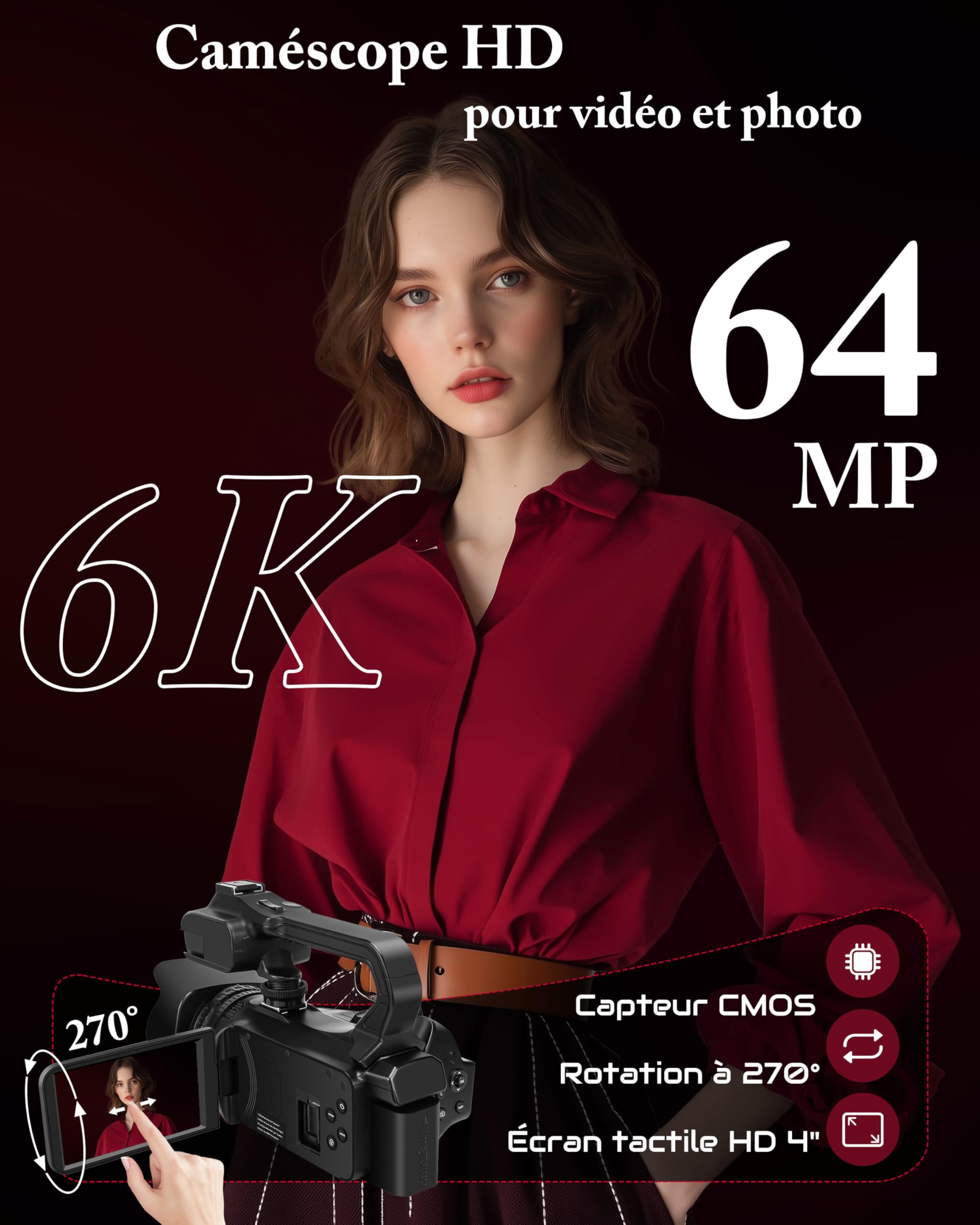 Caméscope 6K 64MP WiFi Vision Nocturne Infrarouge 18X Zoom Numérique avec Pile 4500mAh, Carte SD 64 Go