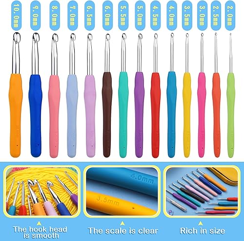 Miniatura 3 de UzecPk Juego de 65 ganchos de ganchillo, juego de agujas de ganchillo con bolsa de almacenamiento, juego de ganchos de ganchillo ergonómicos para