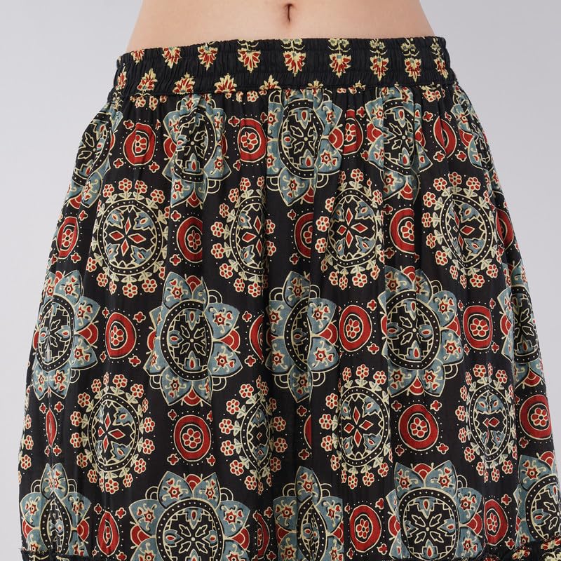 Rabhika Women’s Black Patterned Pure Cotton Tiered Maxi Skirt, Lightweight Breathable Fabric, Stylish Everyday Outfit| XL 3