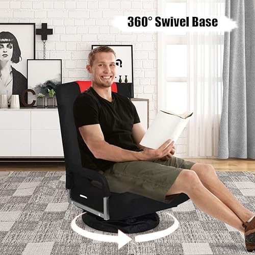 Miniatura 4 de KOMFOTT Silla de suelo para juegos, silla giratoria de 360 con respaldo ajustable de 6 posiciones, reposabrazos, soporte lumbar, sillas plegables