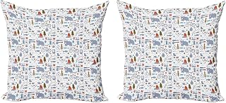 Lunarable Camping Throw Pillow Cushion Cover Pack of 2, Cartoon Bear Tent and Compass Outdoor Hobby Theme Hiking Doodle, Zippered Double-Side Digital Print Decor, 20", Vermilion Bluegrey