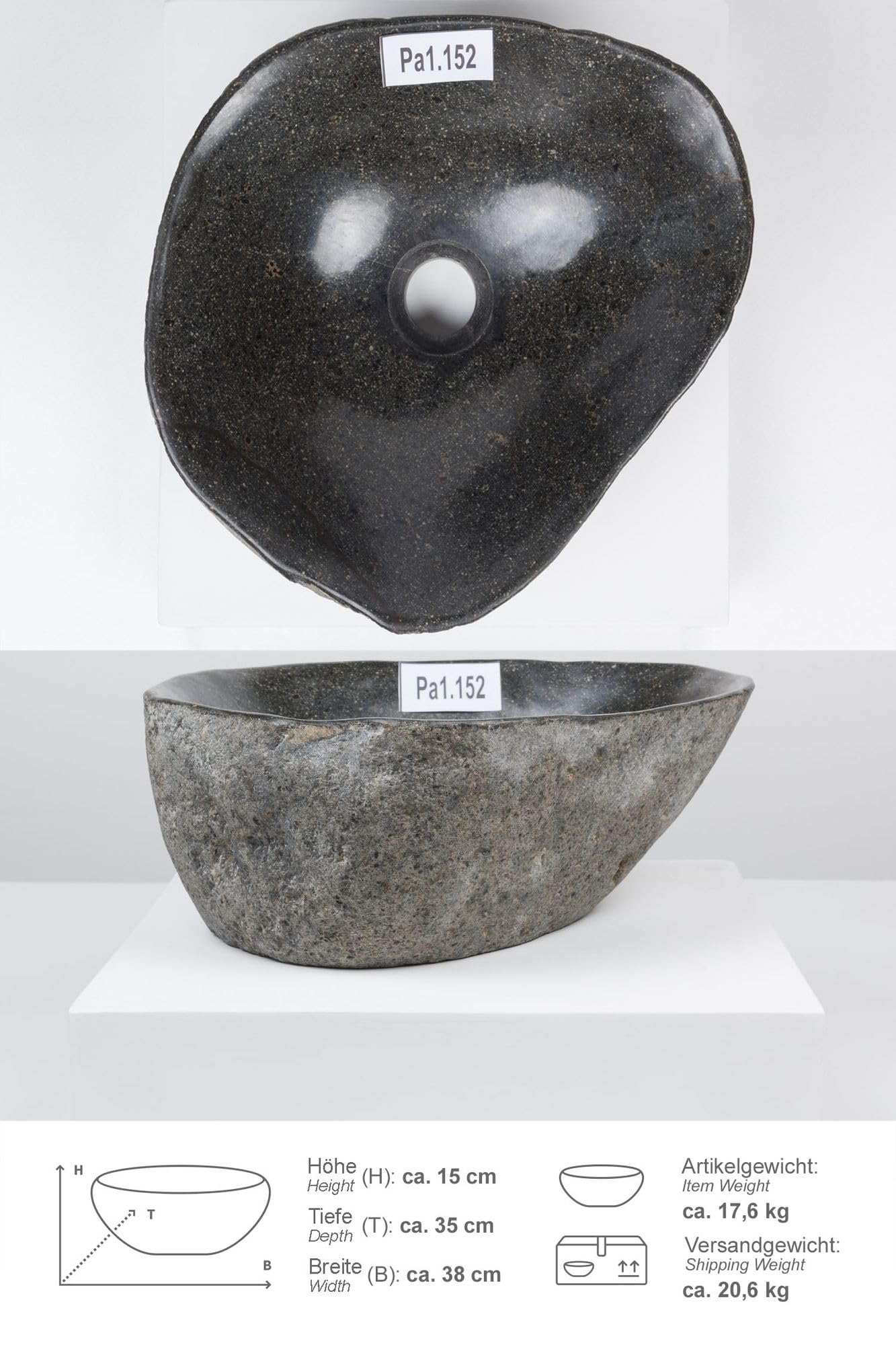 Naturstein Waschbecken 30-39 cm rund in grau aus indonesischen Flussstein - Mit Unikat Auswahl