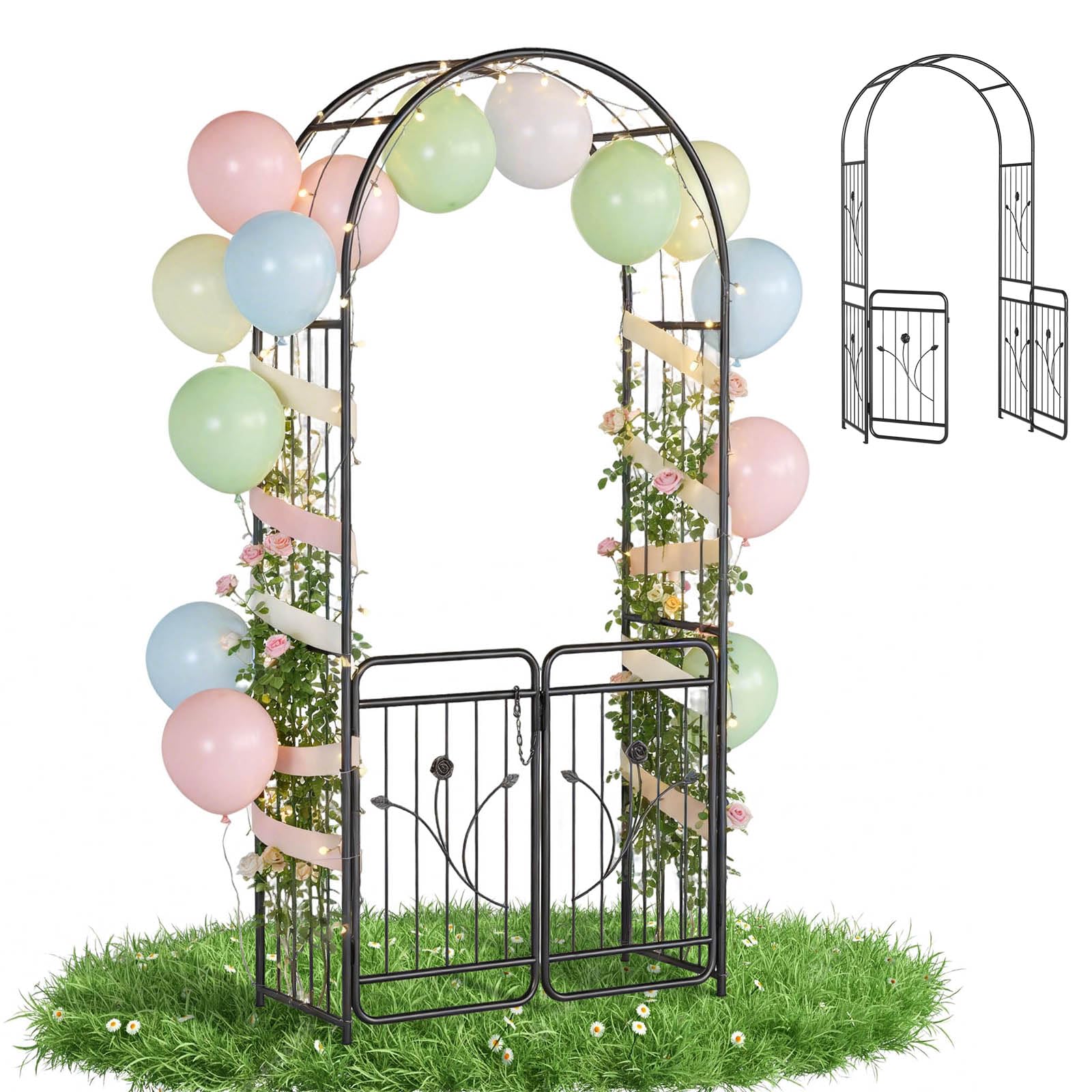 Aufun Rosenbogen mit Tür 220 cm, Metall Gartenbogen mit Rankgitter, Abschließbares Gartentor, Pulverbeschichteter Stahl, Wetterfest & Stabil, Rankhilfe für Kletterpflanzen, Hochzeit & Garten, Schwarz