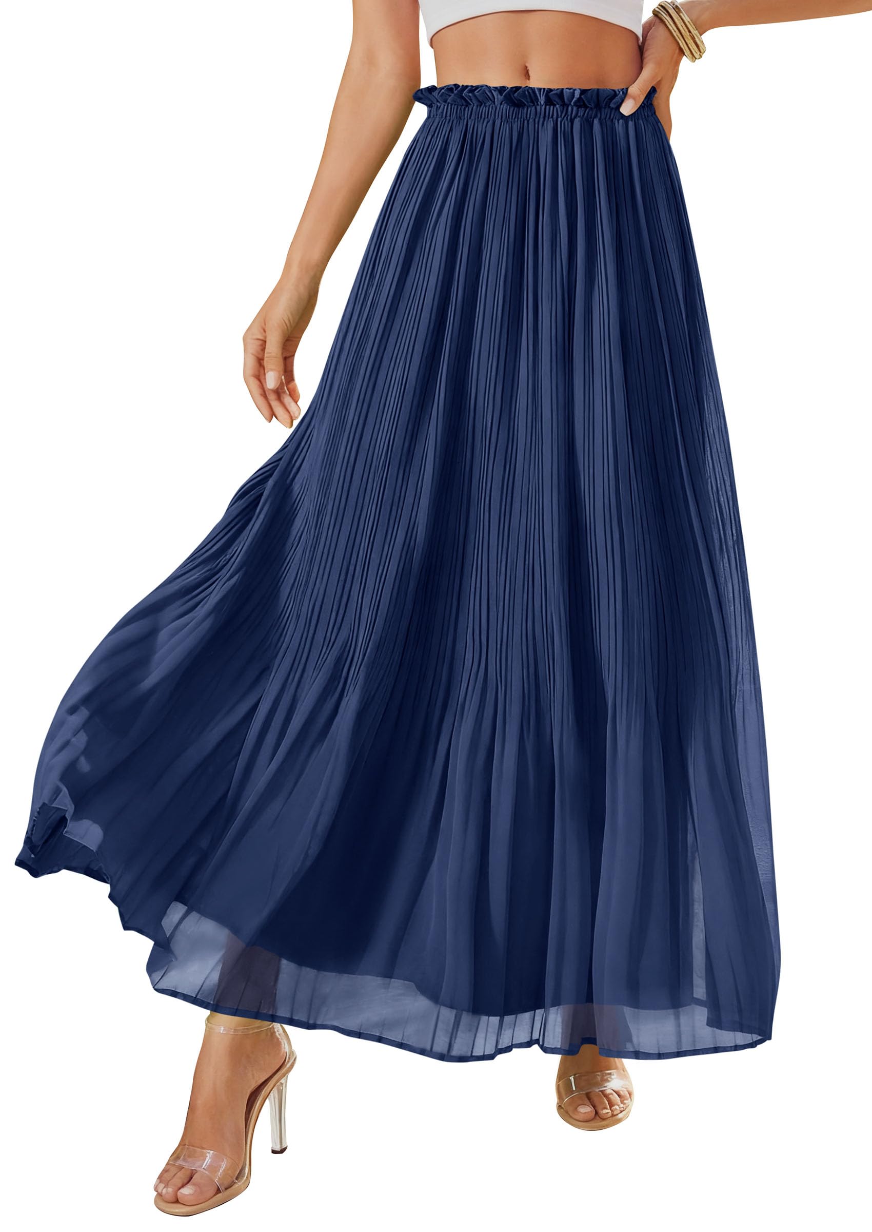 PRETTYGARDEN Long Skirts for Women Summer Vacation Outfits 2026 Spring Chiffon Elastic Waist Flowy A-Line Pleated Midi Skirt