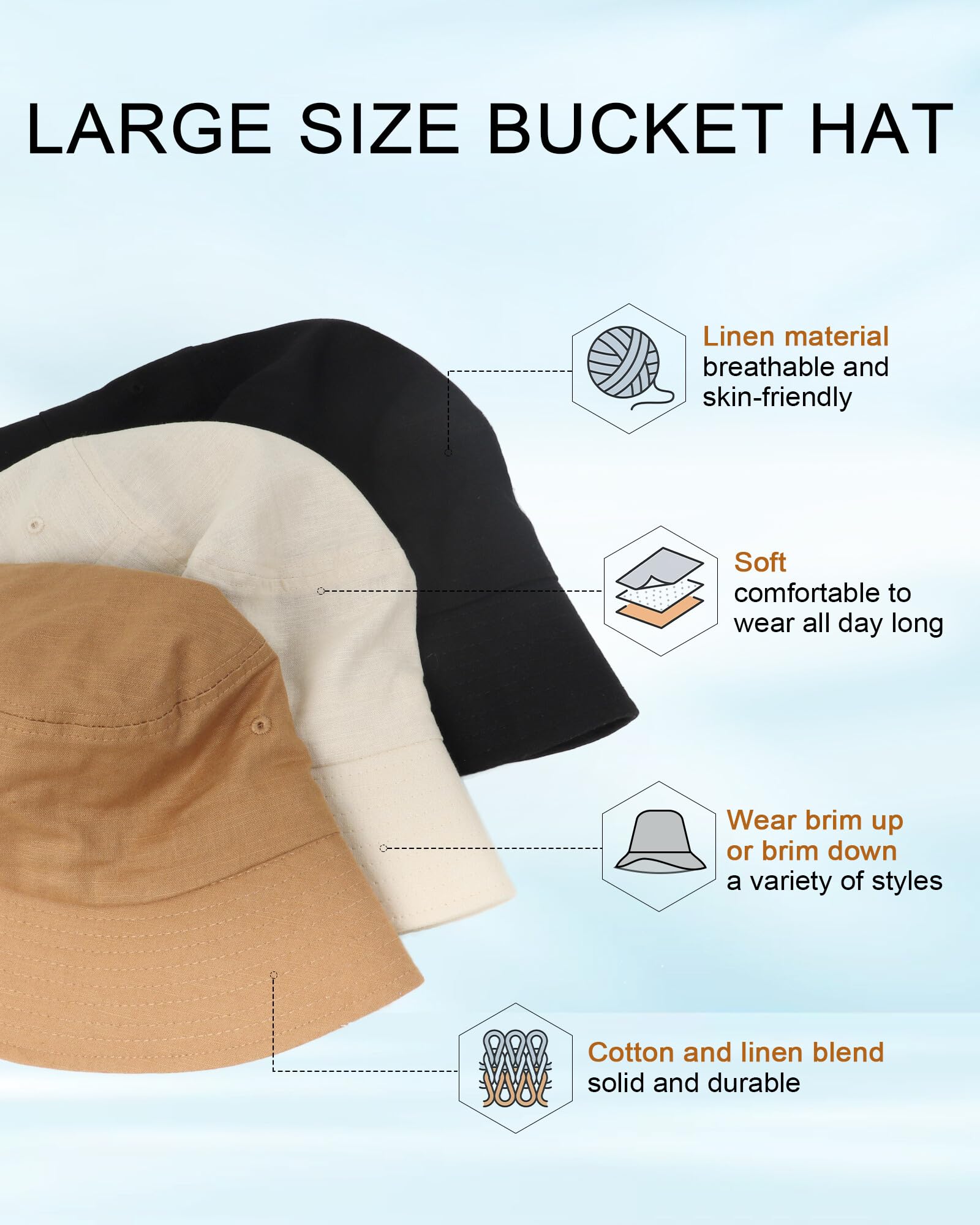 Zylioo S/M/L/XL/XXL Chapeau bob en lin pour grandes têtes, chapeau de pêche respirant