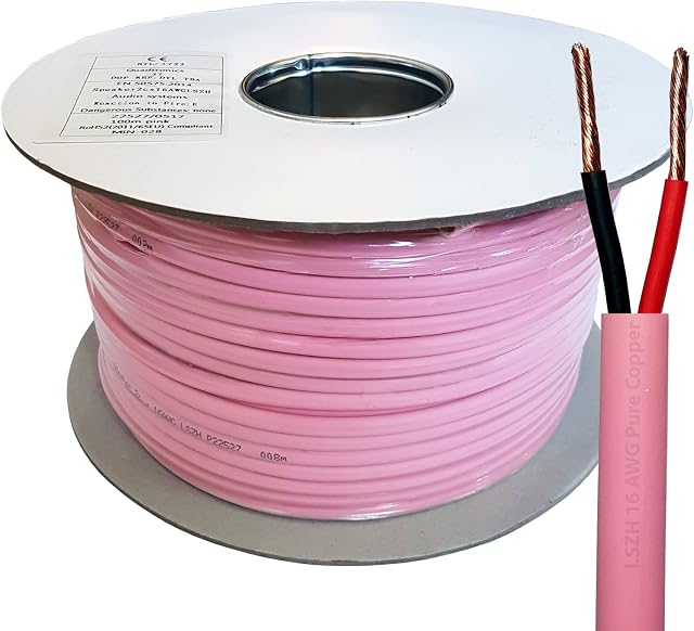 Pink Low Smoke (LSZH/LSHF), Double Insulated Speaker Cable Reel - 16AWG 1.5mm², PURE COPPER 100V Flex Audio Wire For Speakers & Amplifiers/Amp (100m Speaker Cable)