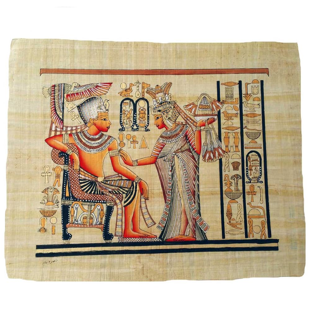 Papiro originale, dipinto a mano, Tut Ank Amon con sua moglie, 33 x 43 cm, realizzato in Egitto