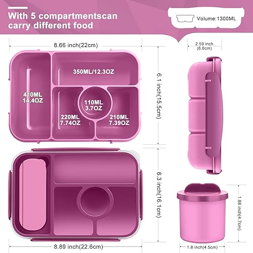 Miniatura 2 de Demiue Lonchera para niños, lonchera Bento para adultos, contenedores de almuerzo para adultosniñosniños pequeños, fiambrera Bento de 5