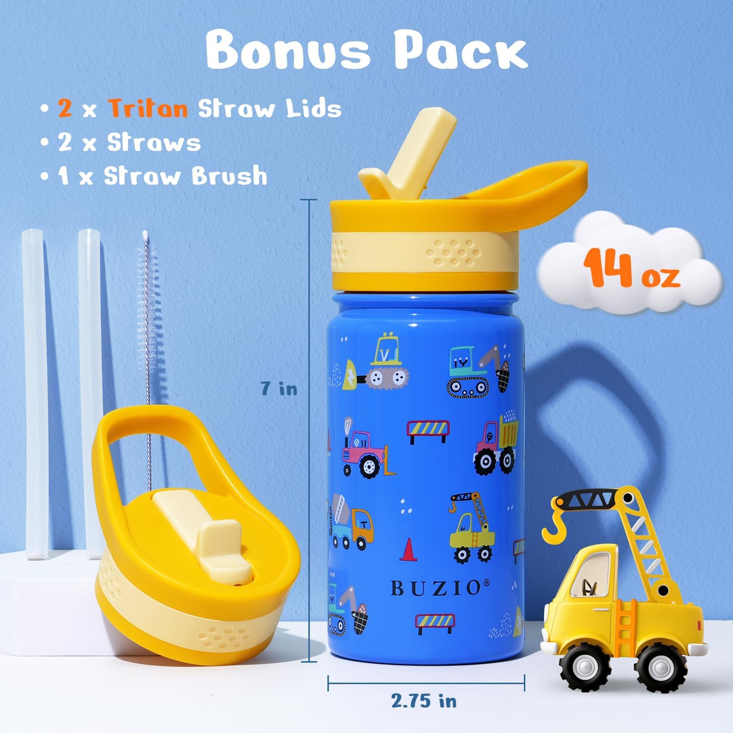 BUZIO 14 oz Kids Water Bottle with Straw Lid, Vacuum Insulated Stainless Steel Metal Thermo Bottles for Toddlers Girls Boys Leak Proof BPA-Free & Lead-Free Flask for School, Blue Construction Car - Image 2