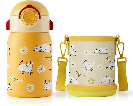 Fjbottle 13.5 fl oz 400 ml, Children's Water Bottle, Straw, One Touch, Direct Drinking, Kids' Bottle, Thermal Insulation, Leak Proof, Includes Storage Cover, Mug Bottle, Nursery School, School