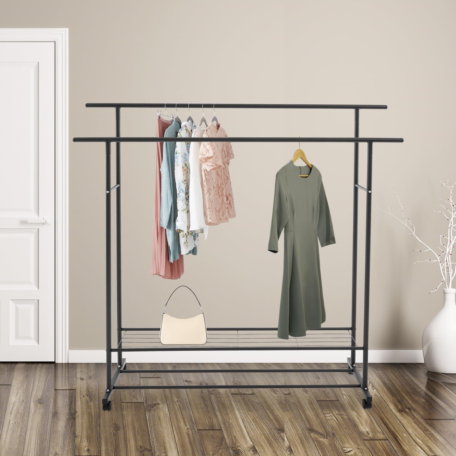 Perchero con ruedas para colgar ropa, perchero con ruedas, de hierro y plástico, perchero portátil con estantes, para ropa, bufandas, sombreros, bolsos (negro)