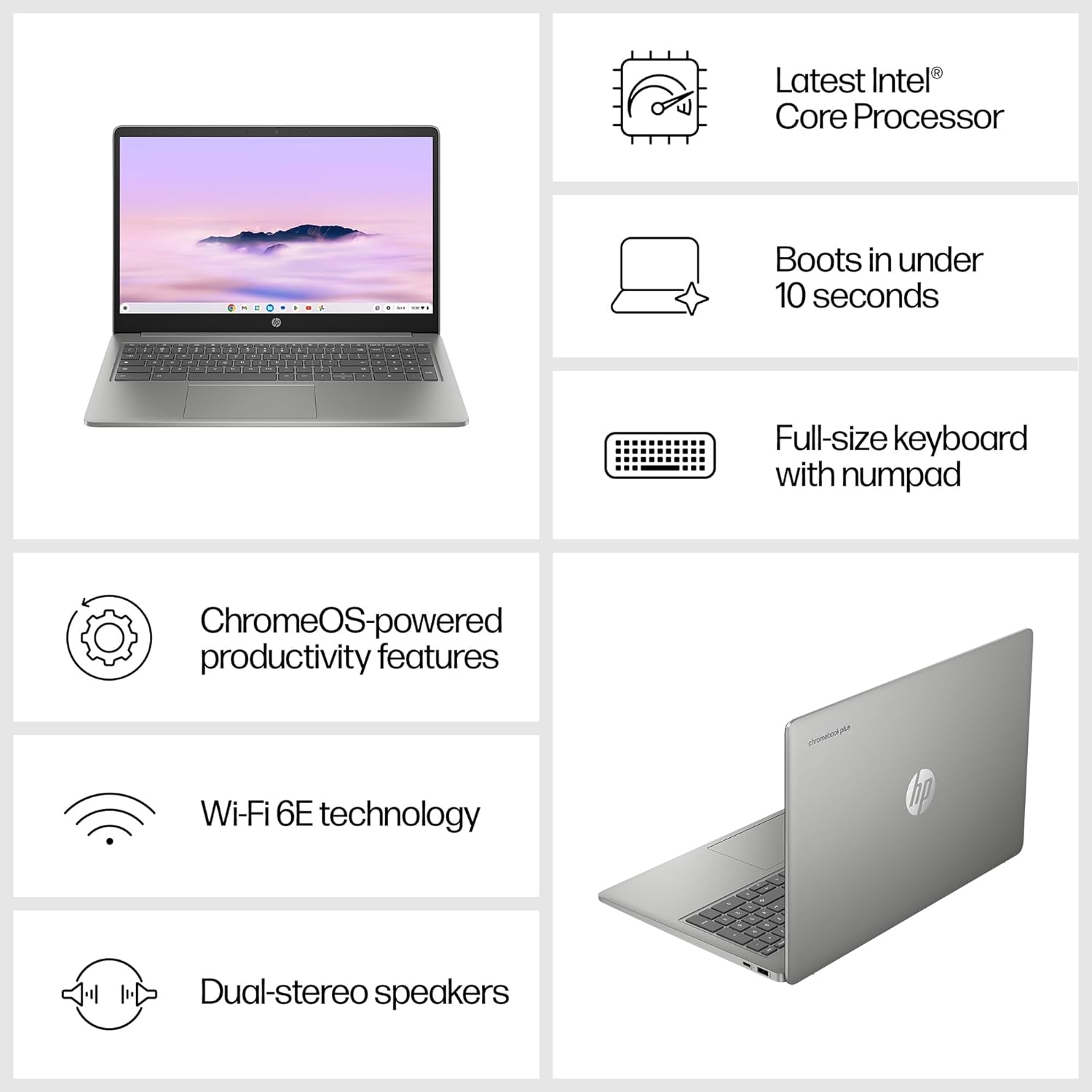 HP Chromebook 15.6" | Intel N100 Processor | 4 GB RAM | 128 GB Flash Storage | Intel UHD Graphics | HD Display | Up to 11.5 Hours Battery | Chrome OS | Dual Speakers | Mineral Silver | 15a-nb0005sa — image 3