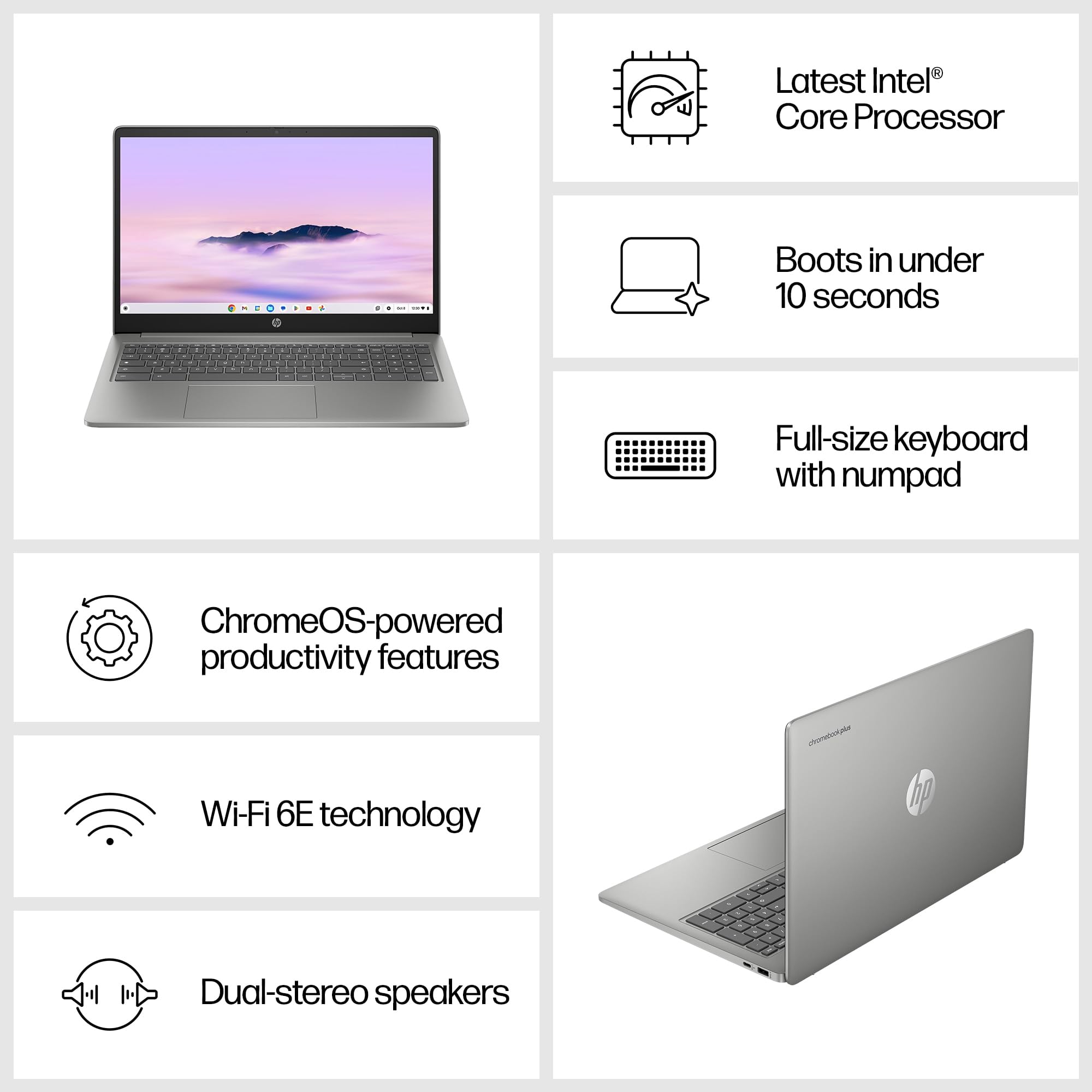 HP Chromebook 15.6" | Intel N100 Processor | 4 GB RAM | 128 GB Flash Storage | Intel UHD Graphics | HD Display | Up to 11.5 Hours Battery | Chrome OS | Dual Speakers | Mineral Silver | 15a-nb0005sa — view 3
