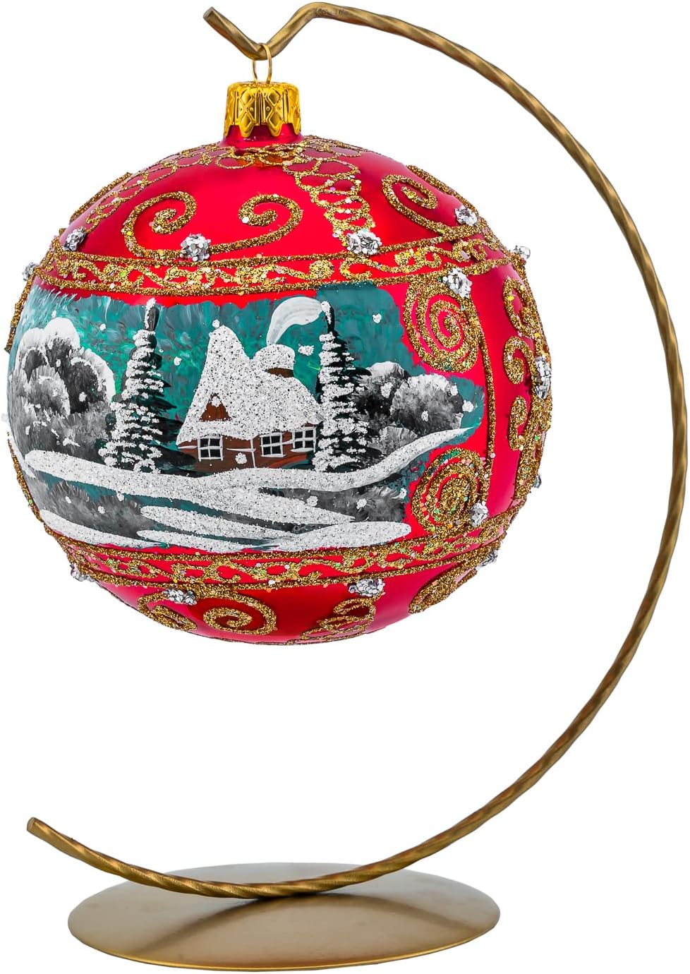 Christmas Ornament, Countryside Church and Log Houses Landscape, Blown Glass Ball (Red Gloss, 120mm)