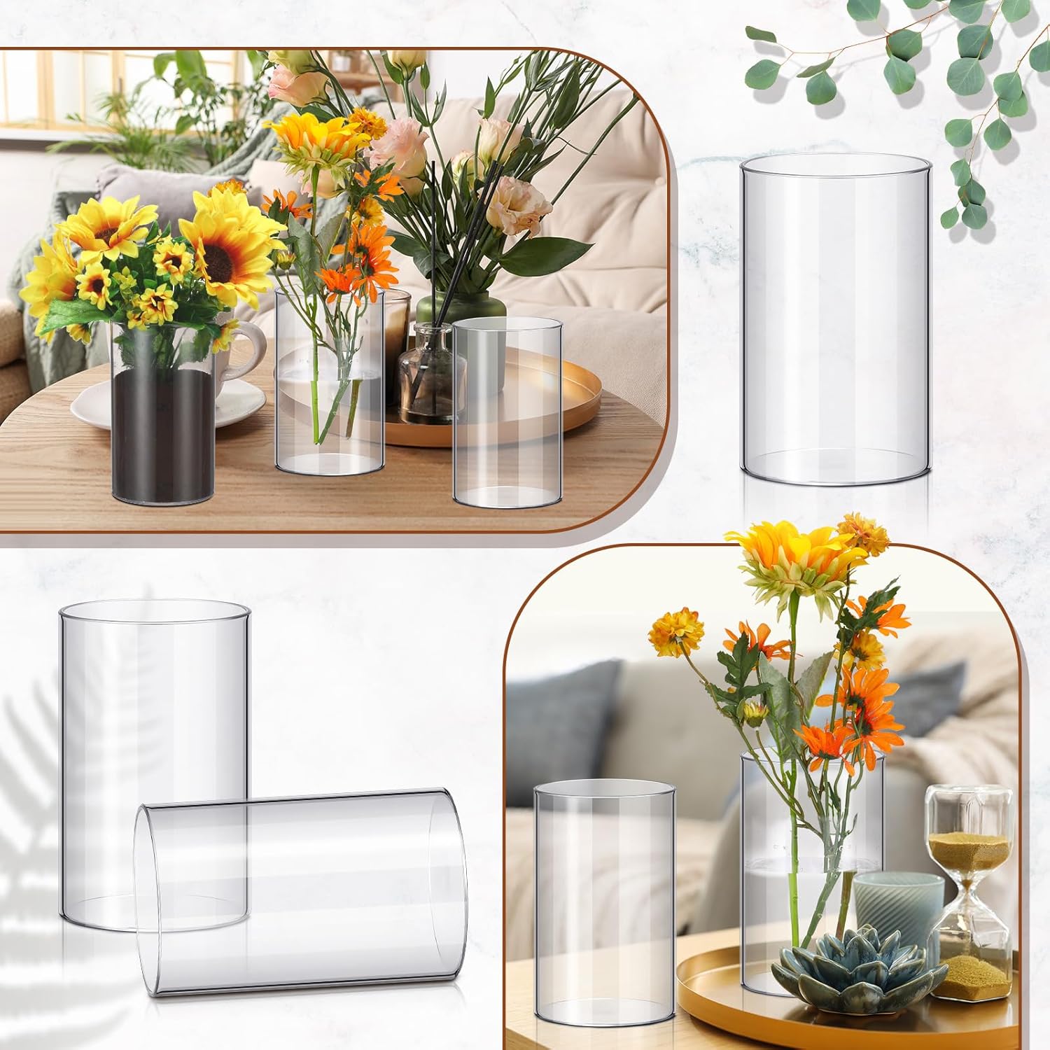 Vesici 12 Pcs Plastic Cylinder Vase 6 Inch Acrylic Cylinder Clear Flower Vase Bulk Hurricane Candle Holder Round Wide Container Centerpiece for Home Office Wedding Decorations