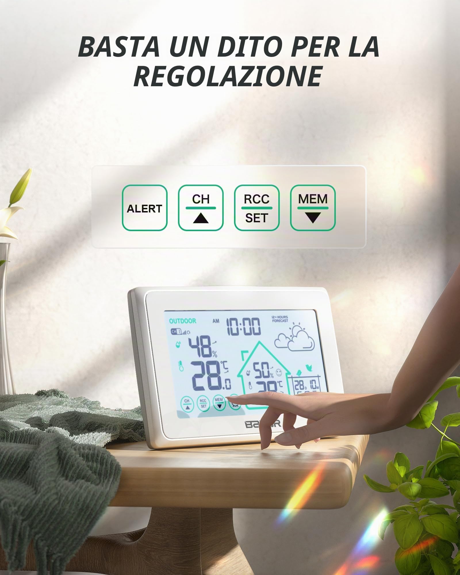 BALDR Stazione Meteo LCD con Sensore Esterno, Stazione Metereologica con Previsioni Meteo, Temperatura e Umidità, Livello di Comfort, 4 Livelli di Retroilluminazione