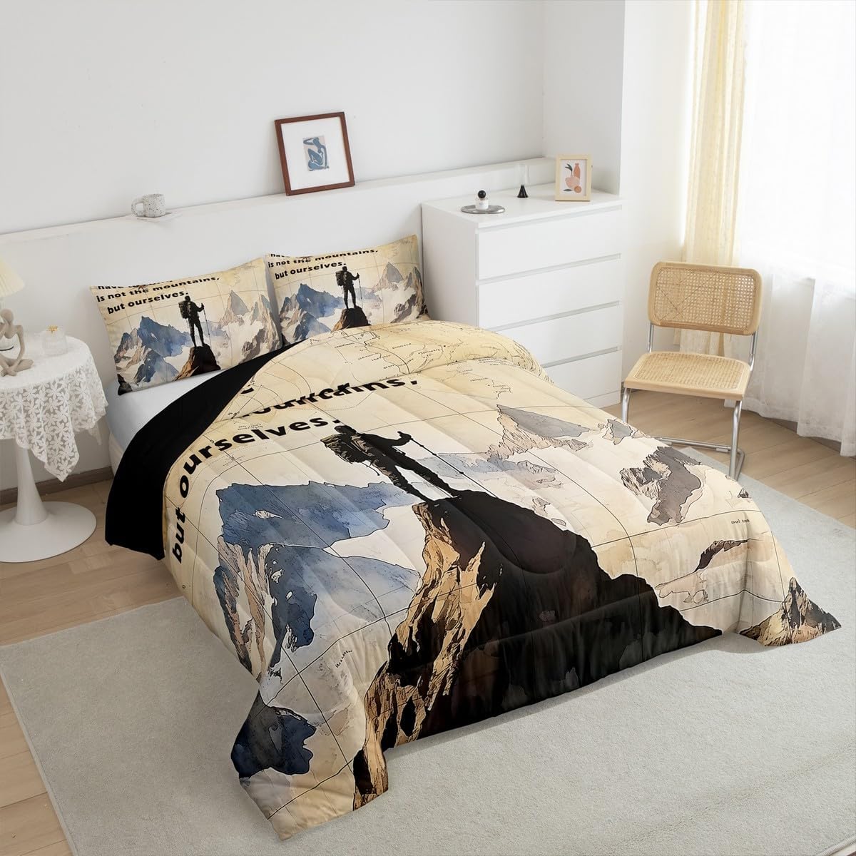 Erosebridal Rock Climbing Bouldering Bedding Set Queen Size, Mountain Climber Printed Comforter Set, Climb Extreme Sports Theme Bedding Comforter Sets for Men Women, Retro Grunge Style Bed Sets