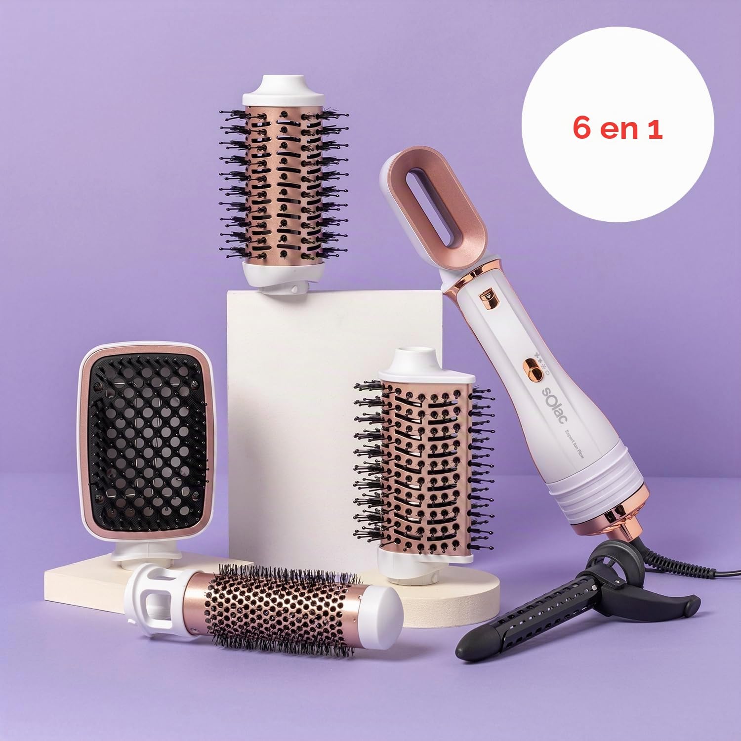 Solac - Moldeador de Pelo Expert Ion Flow, 6 en 1, 1200W, 6 Cabezales, Secador Alisador, Rizador, Cepillo Volumen y Ondas, 3 Velocidades y Temperatura, Antiencrespamiento